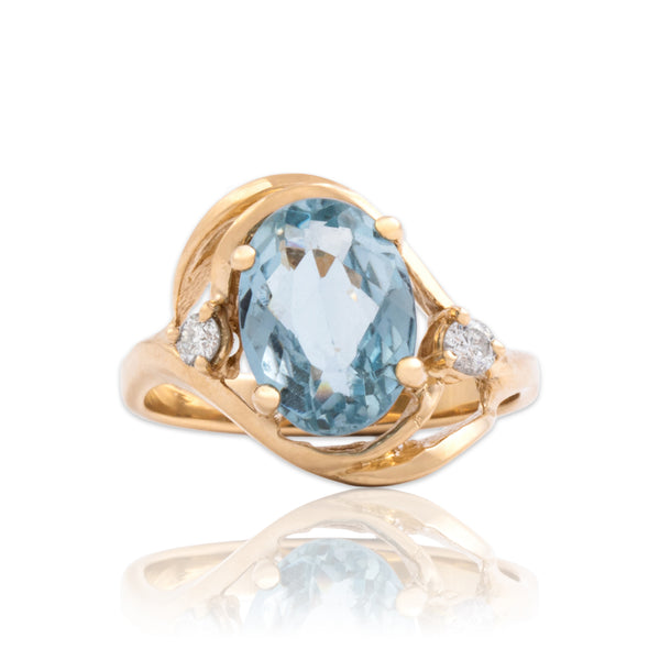 Vintage 14k Yellow Gold 2.7ct Light Blue Topaz Diamond Accented Oval Ring 6.75