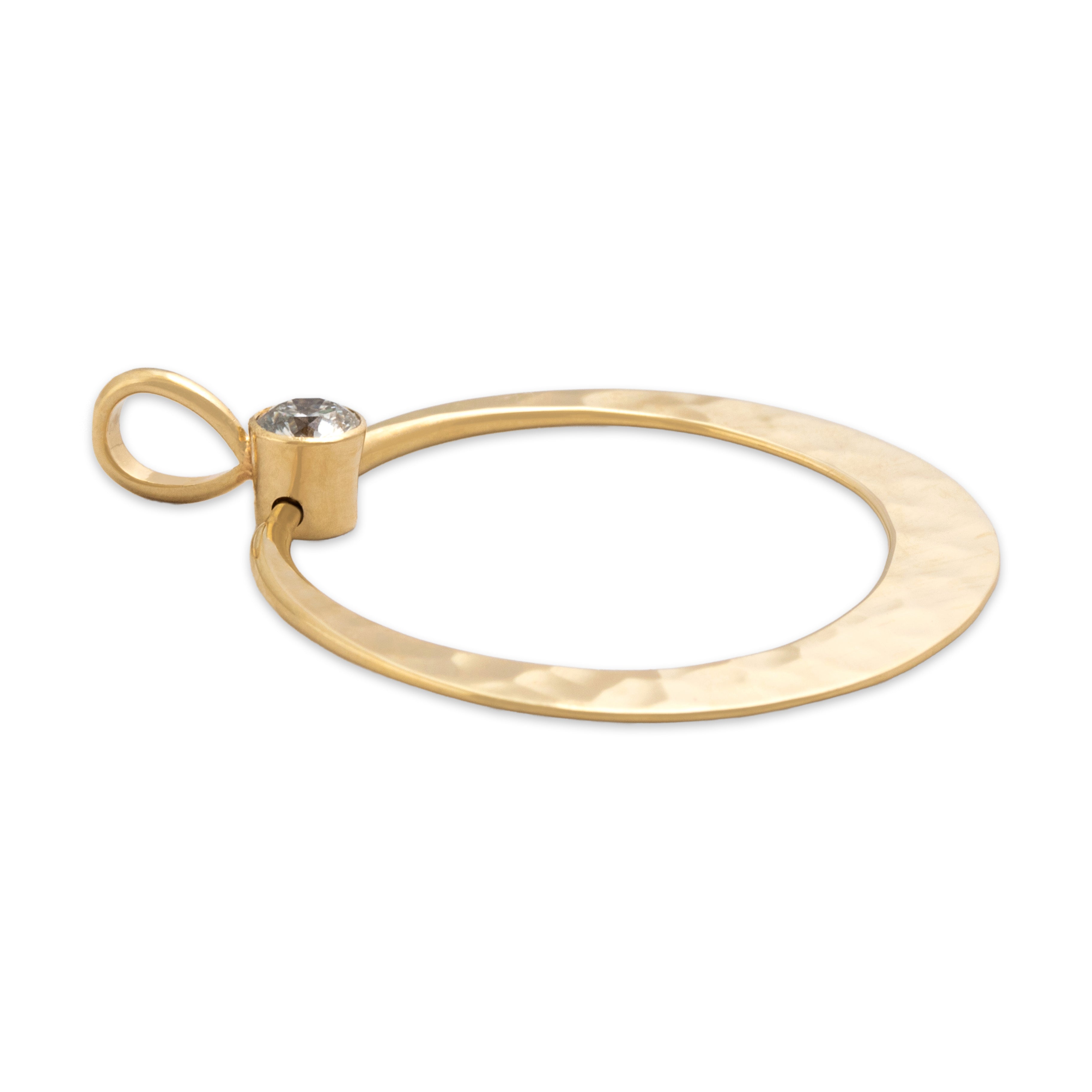 Vintage 14k Yellow Gold Diamond Chic Hammered Ring Dangle Pendant - Side view