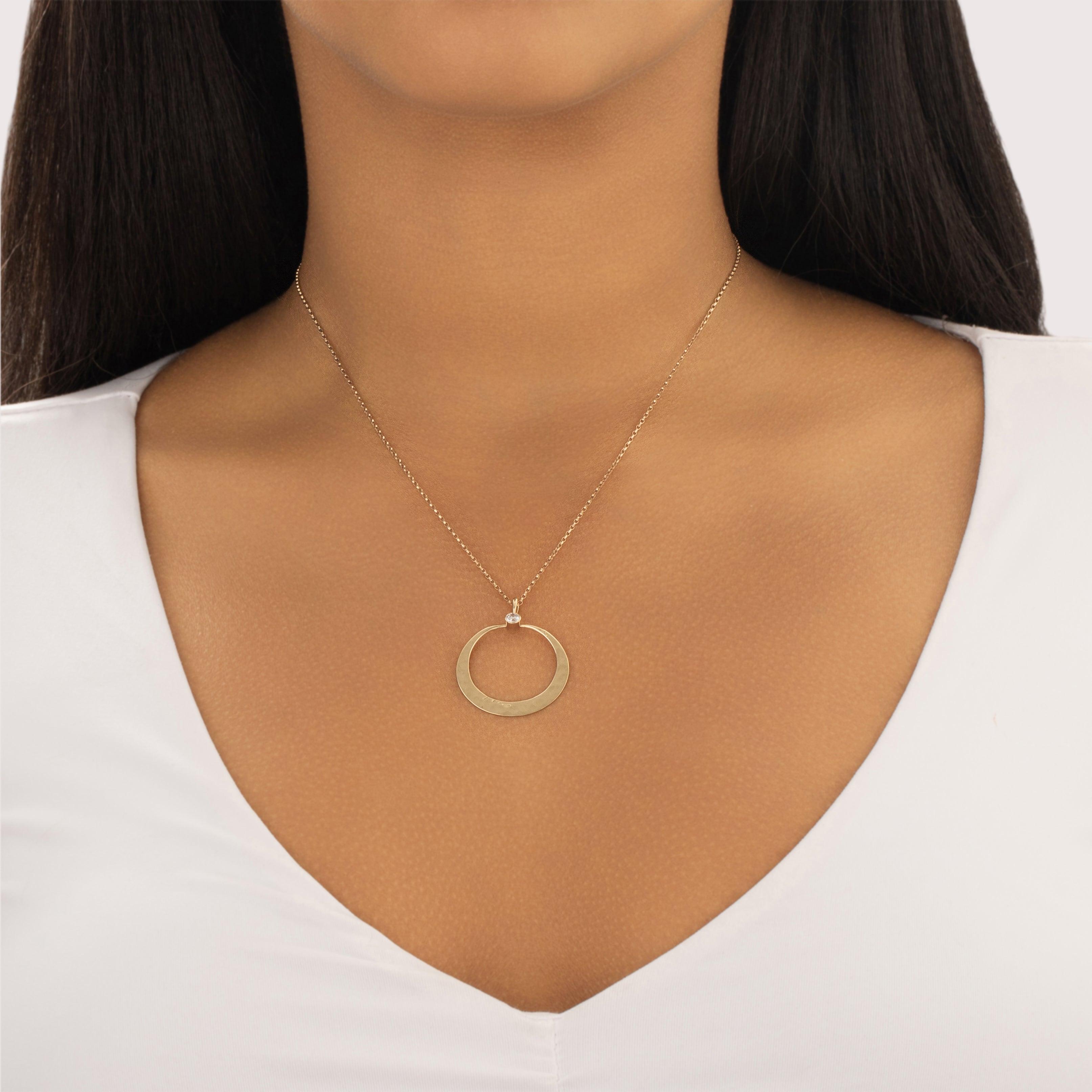 Vintage 14k Yellow Gold Diamond Chic Hammered Ring Dangle Pendant - On model view