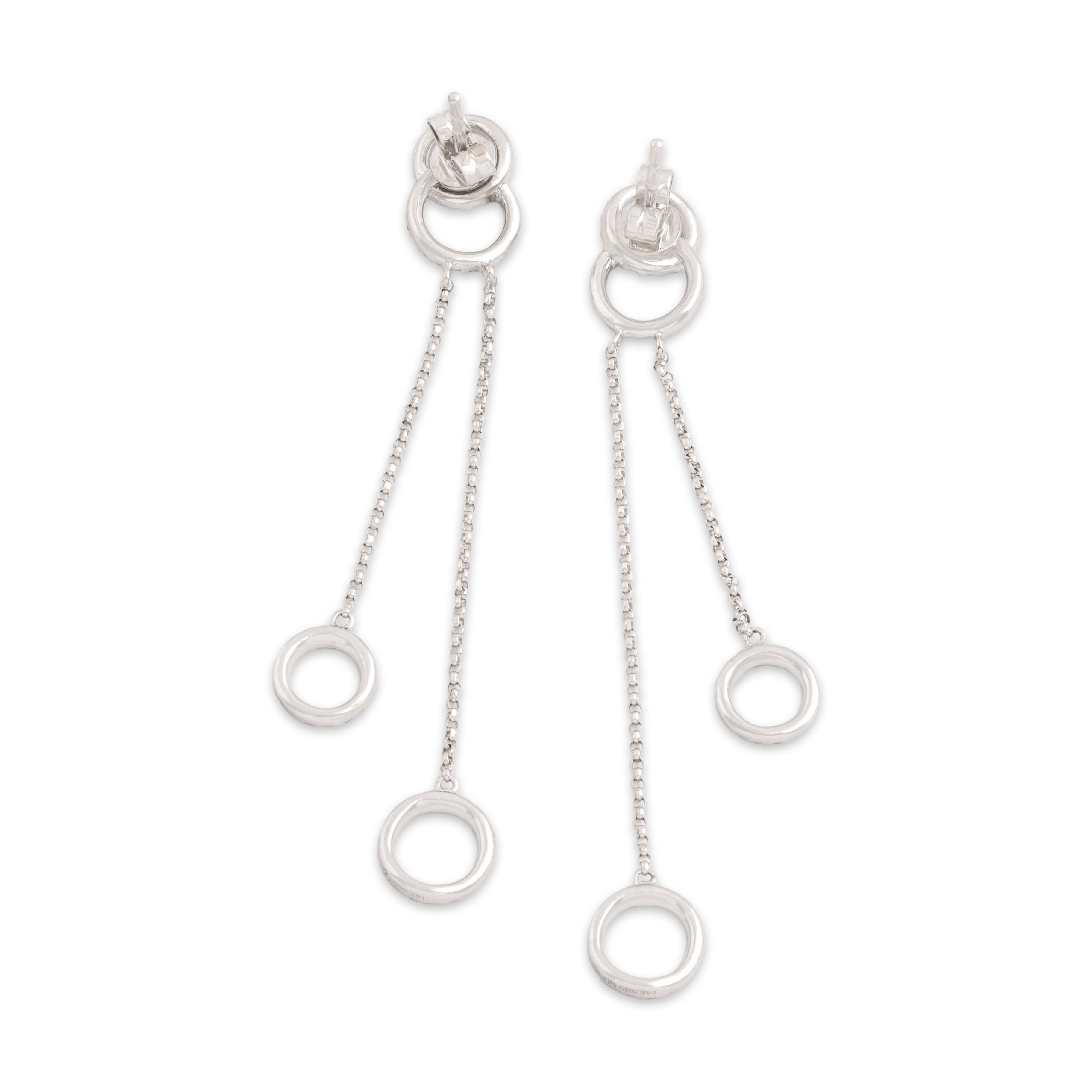Estate 14k White Gold Diamond Interlocking Circle Cable Chain Dangle Stud Earrings - Back view