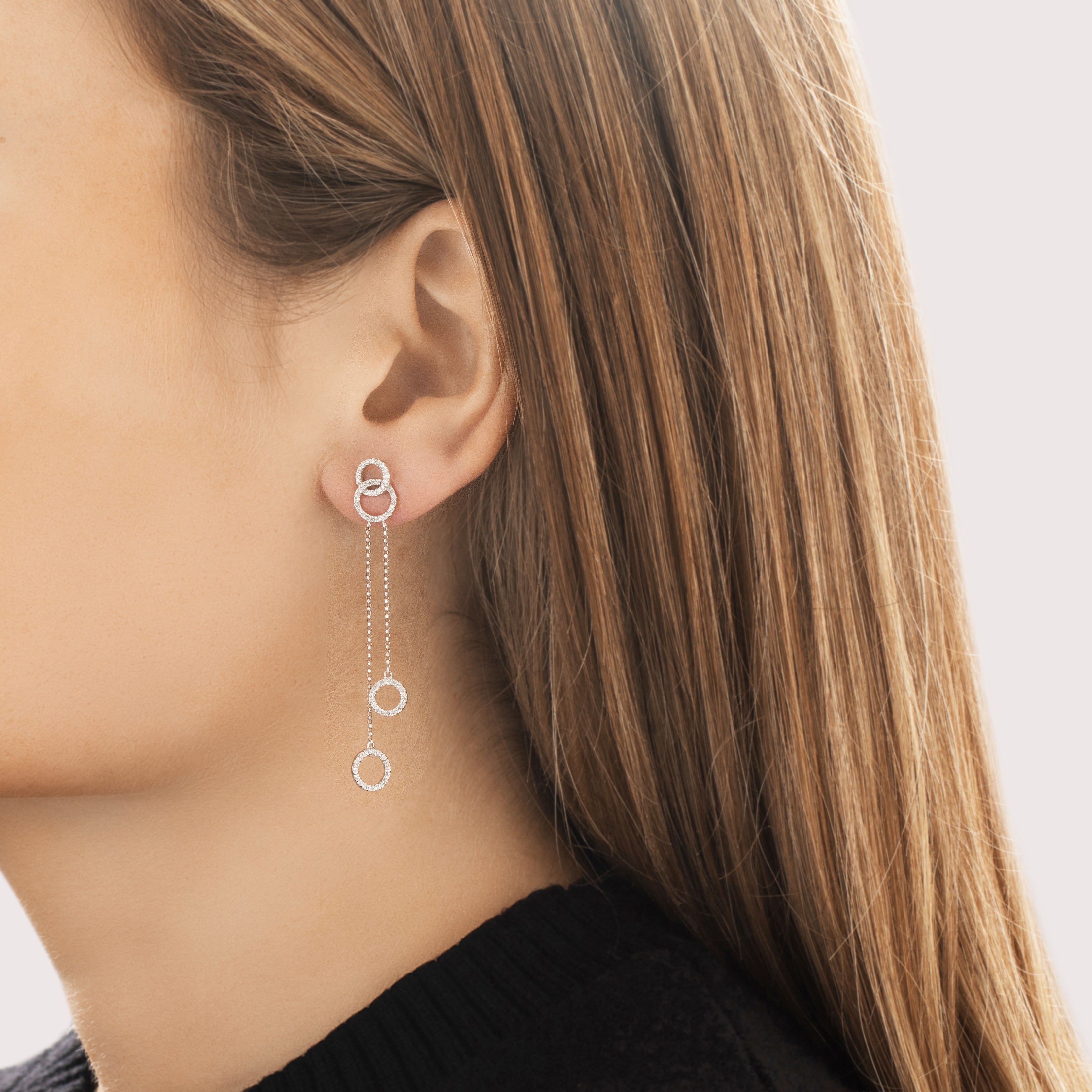 Estate 14k White Gold Diamond Interlocking Circle Cable Chain Dangle Stud Earrings - On model view