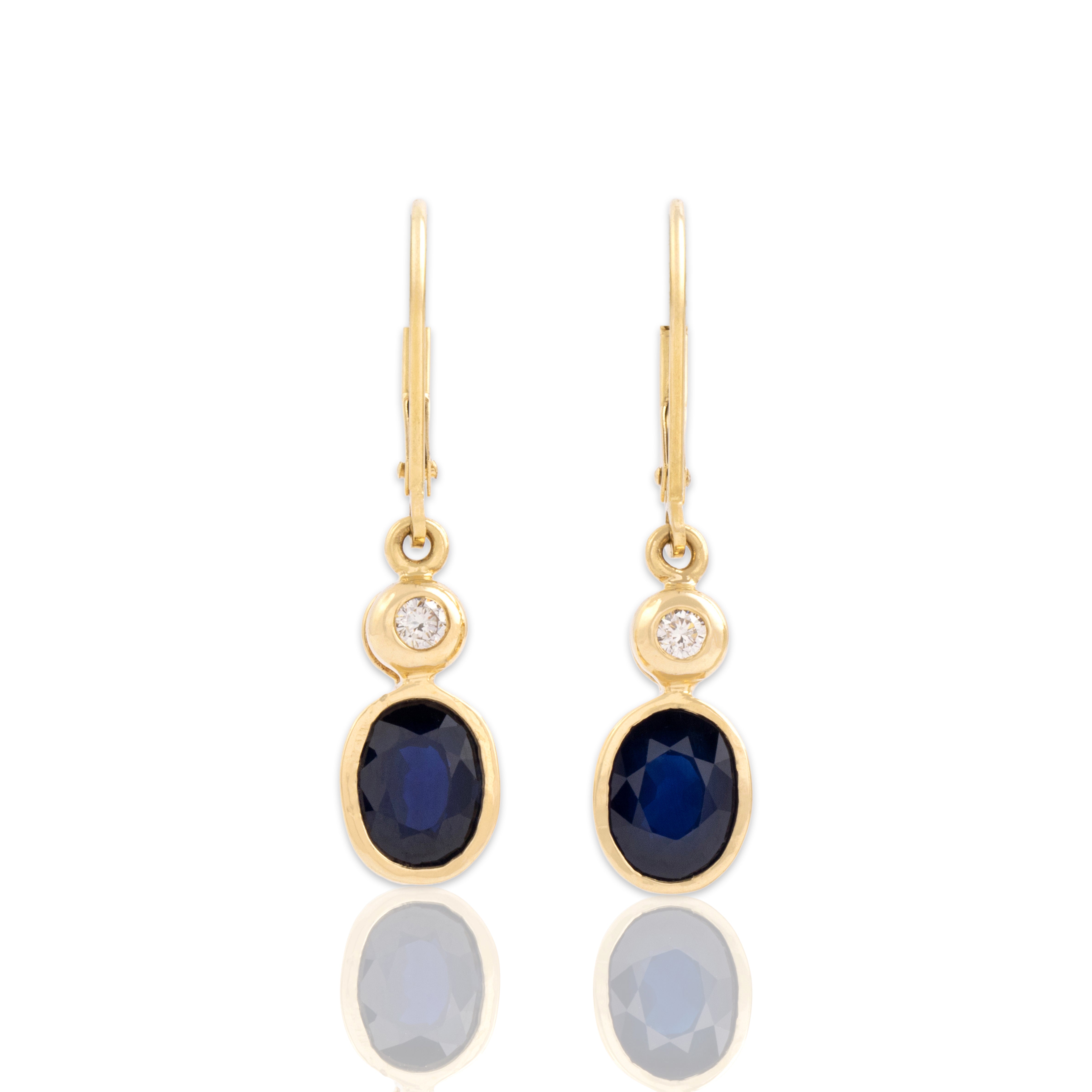 Vintage 14k Yellow Gold 2.86cttw Dark Blue Sapphire Diamond Chic Stacked Bezel Duo Dangle Earrings - Close-up view