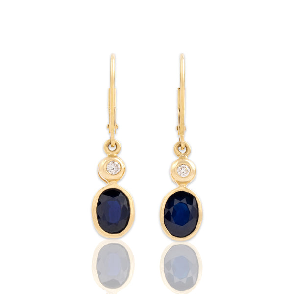 Vintage 14k Yellow Gold 2.86cttw Dark Blue Sapphire Diamond Bezel Duo Earrings