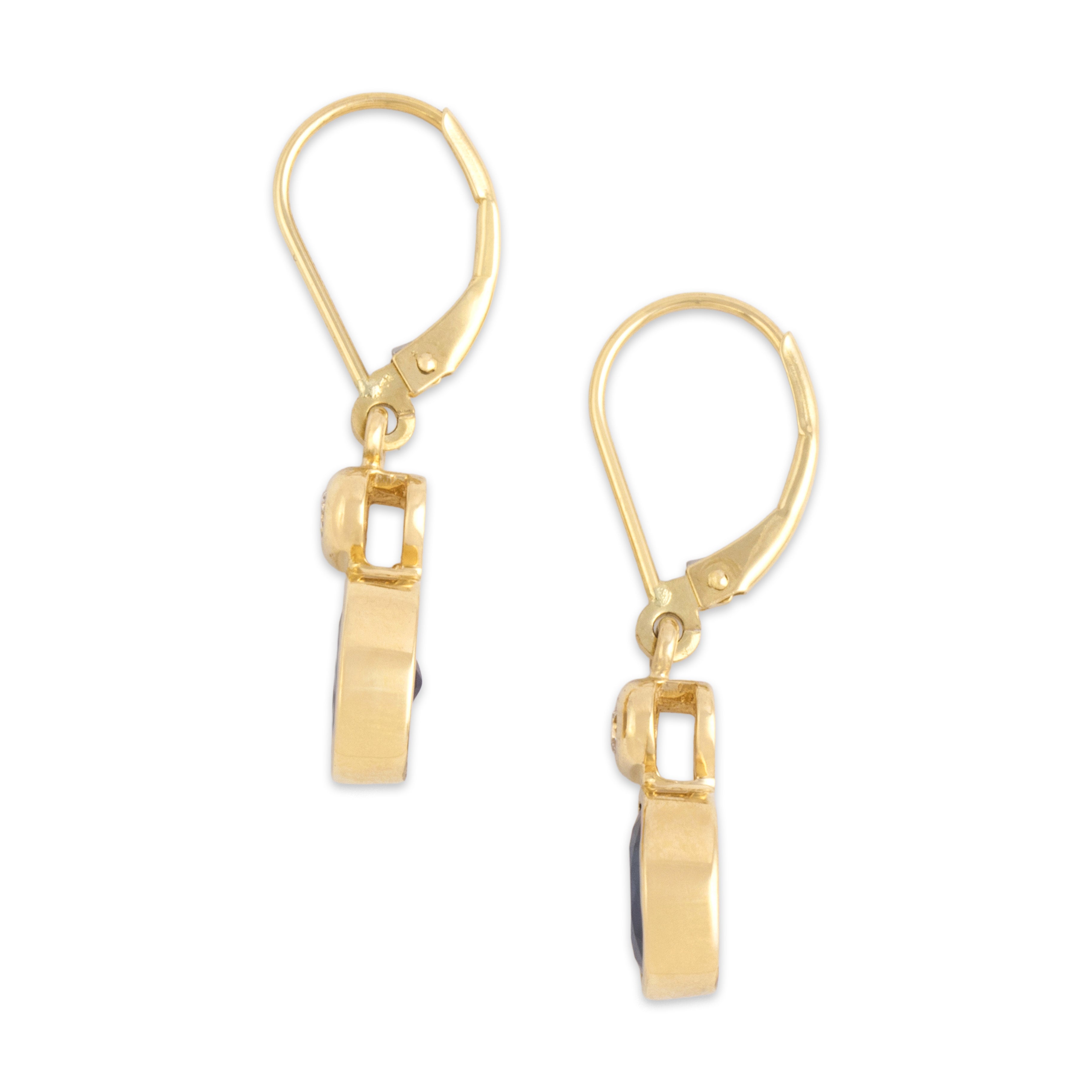 Vintage 14k Yellow Gold 2.86cttw Dark Blue Sapphire Diamond Chic Stacked Bezel Duo Dangle Earrings - Side view