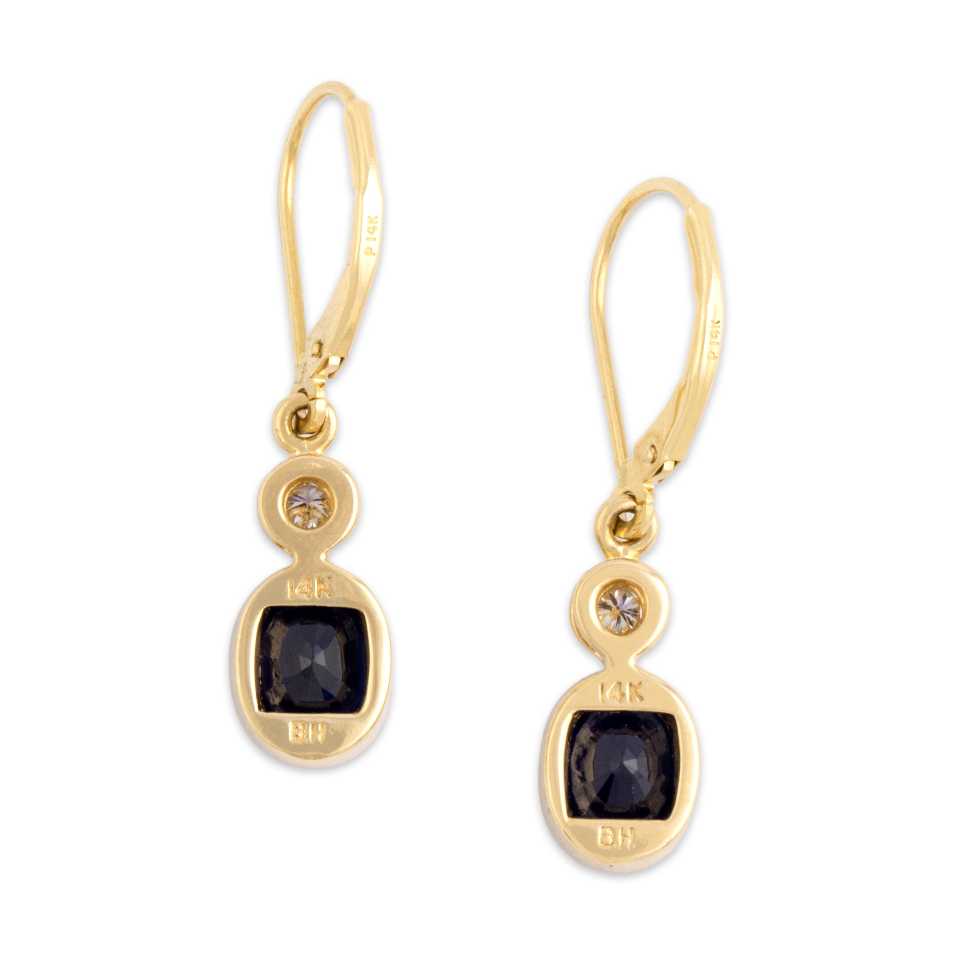 Vintage 14k Yellow Gold 2.86cttw Dark Blue Sapphire Diamond Chic Stacked Bezel Duo Dangle Earrings - Back view