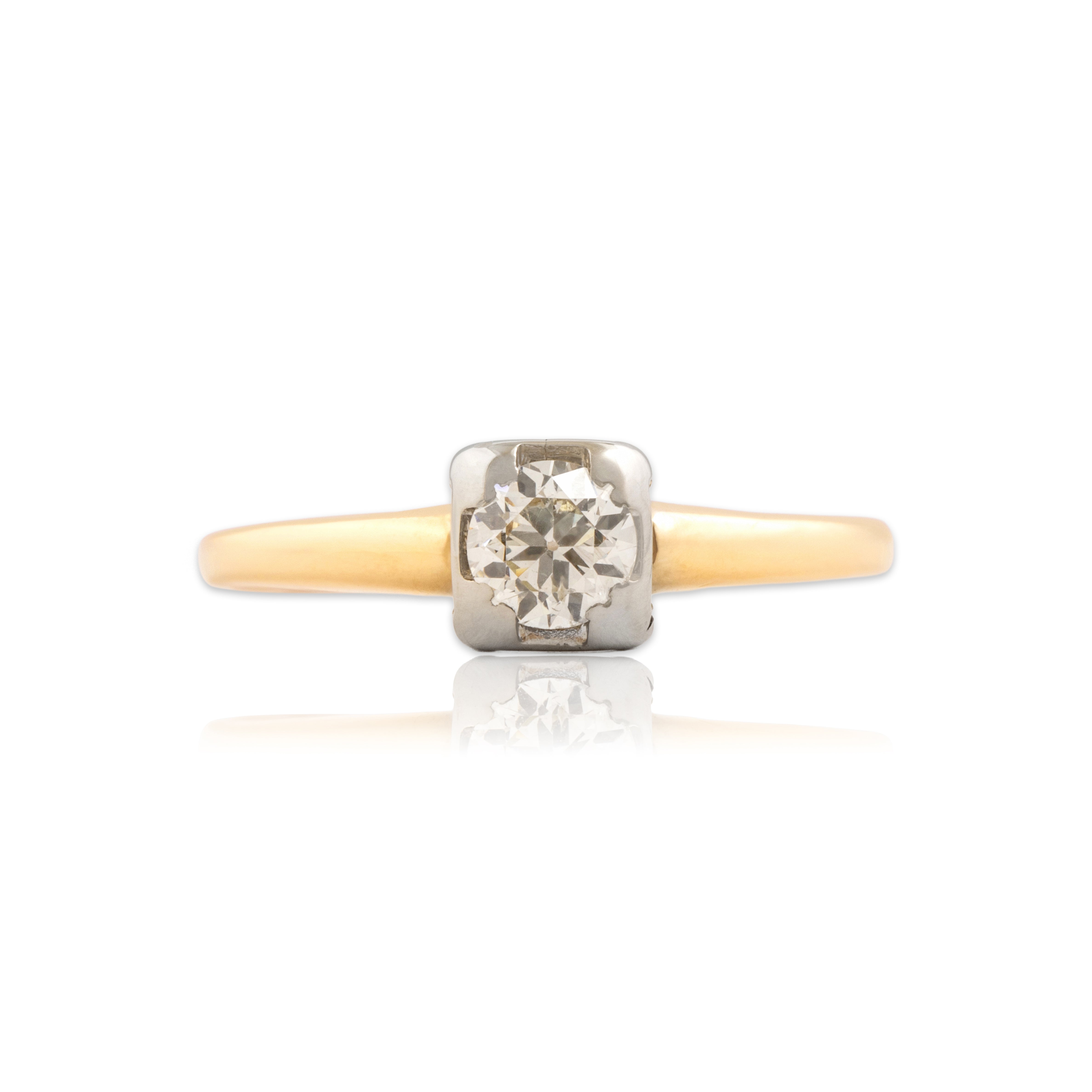 Vintage 14k Yellow & White Gold Old European Cut Diamond Blossom Detail Solitaire Ring - Close-up view