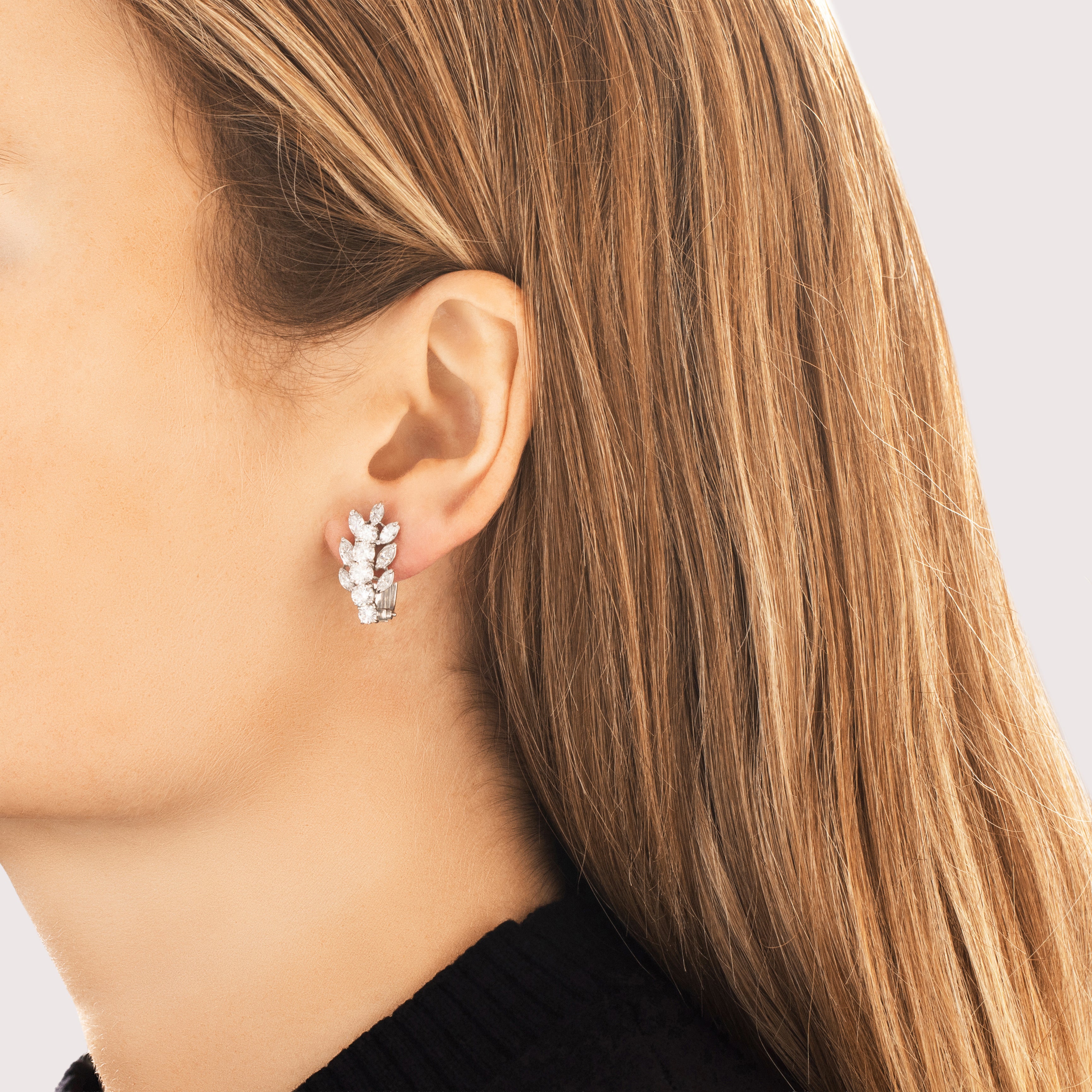 Vintage Heavy Platinum 3.67cttw Diamond Laurel Climbing Omega-Back Earrings - On model view