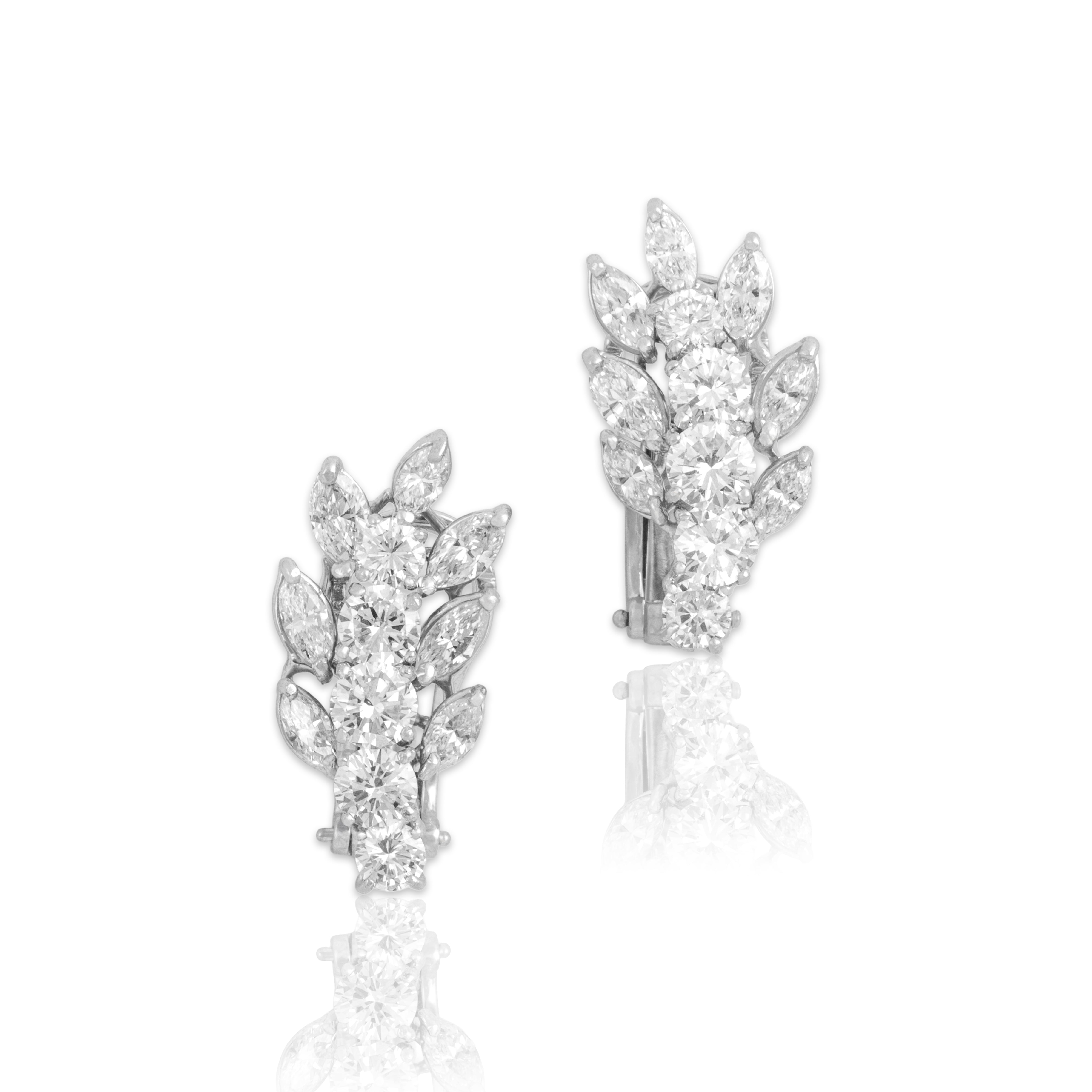 Vintage Heavy Platinum 3.67cttw Diamond Laurel Climbing Omega-Back Earrings - Close-up view