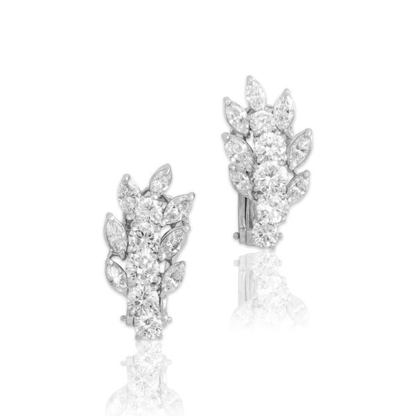 Vintage Heavy Platinum 3.67cttw Diamond Laurel Climbing Omega-Back Earrings - Close-up view