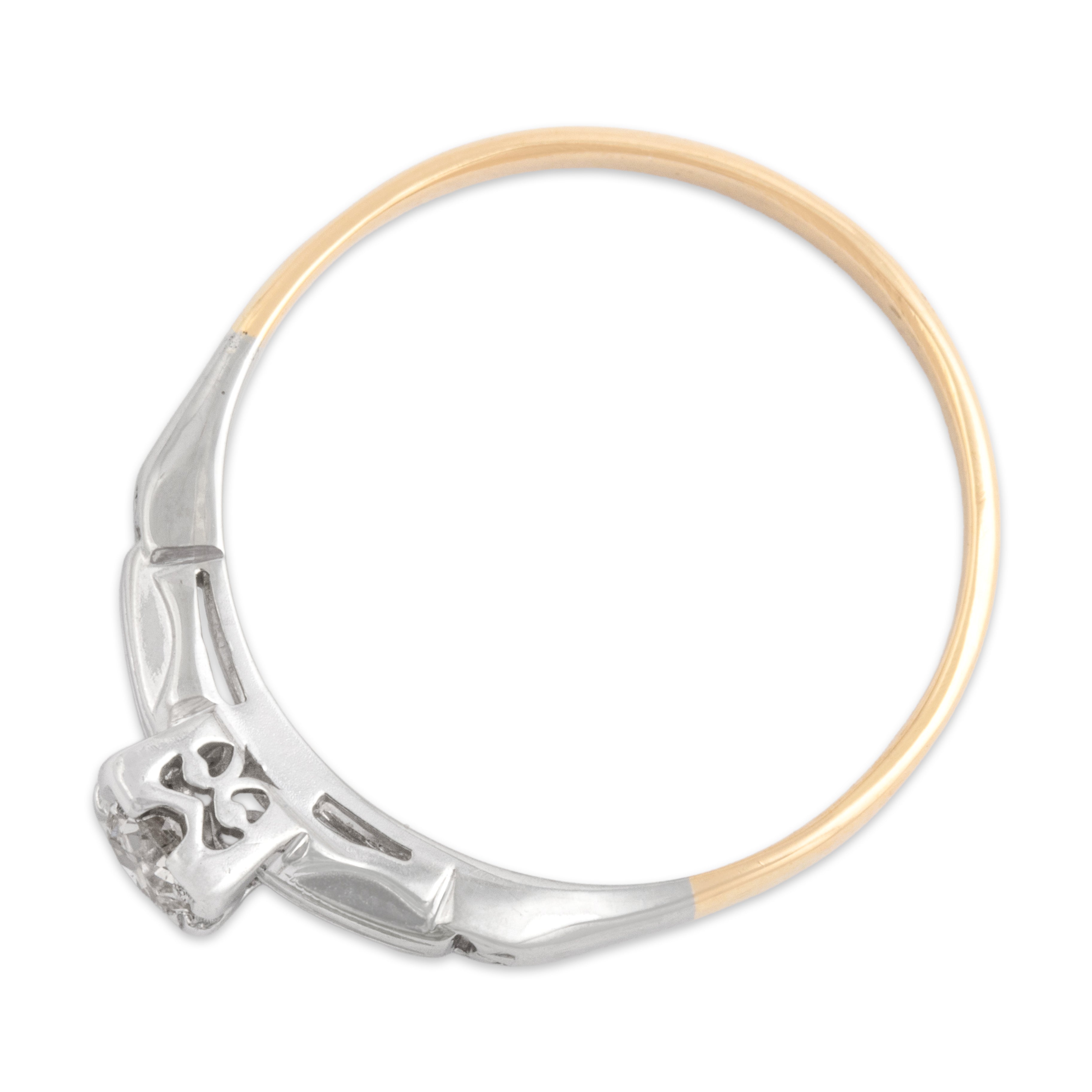 Vintage 18k White & Yellow Gold Old European Cut Diamond Dainty Engraved Shoulder Solitaire Ring - Overall view