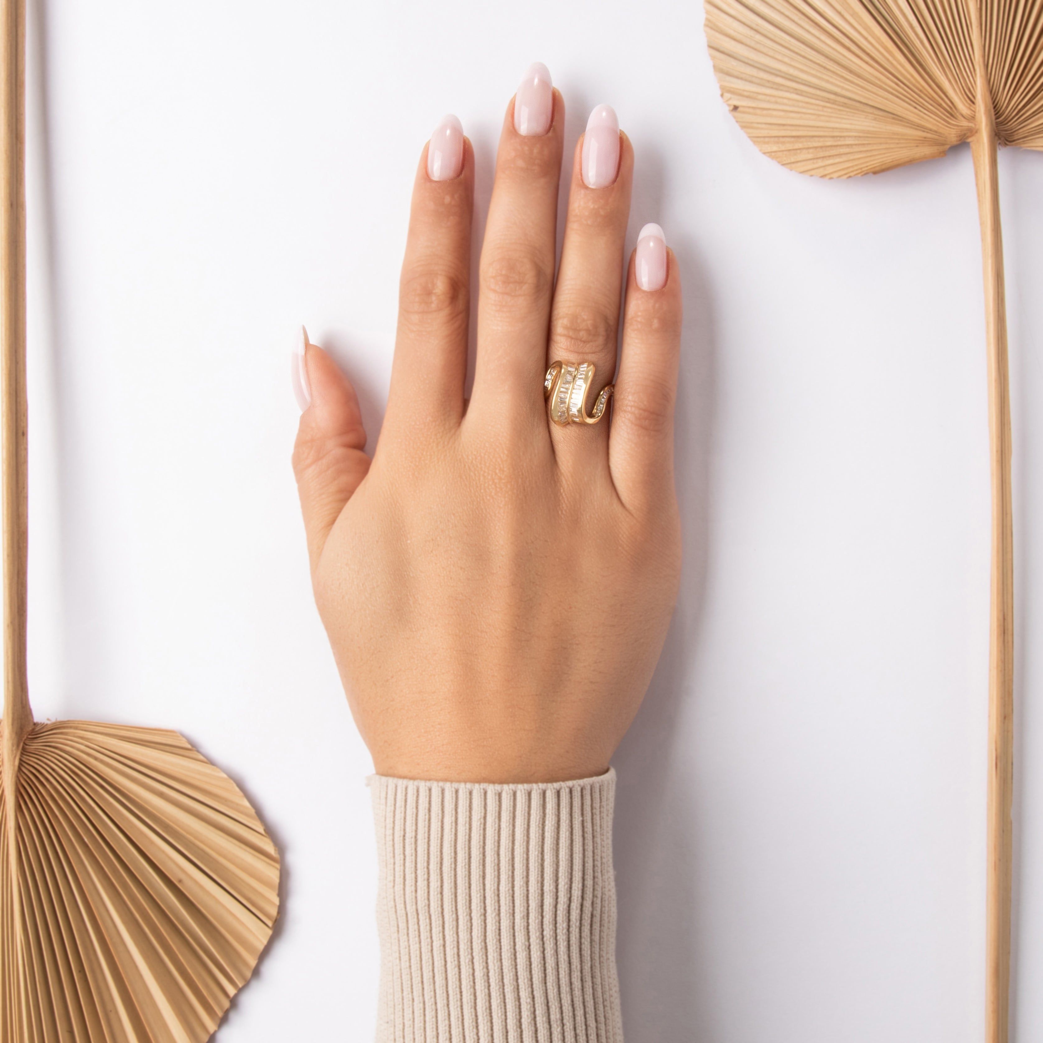 Vintage Diamond Asymmetric Streamline Statement Cocktail Ring - On model view