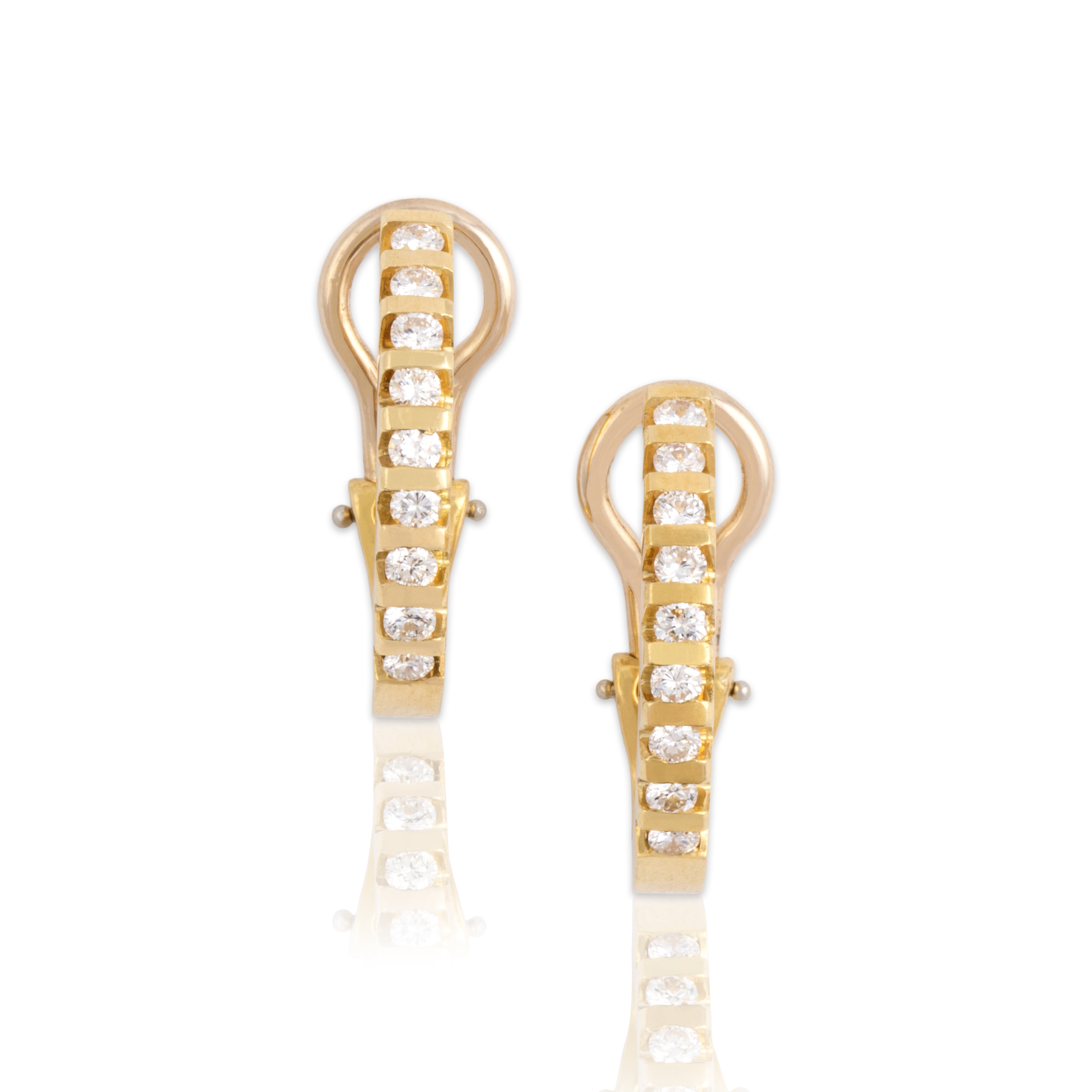 Vintage 18k Yellow Gold Diamond Chic Sparkling Channel Line Omega-Back Hoop Earrings - Close-up view