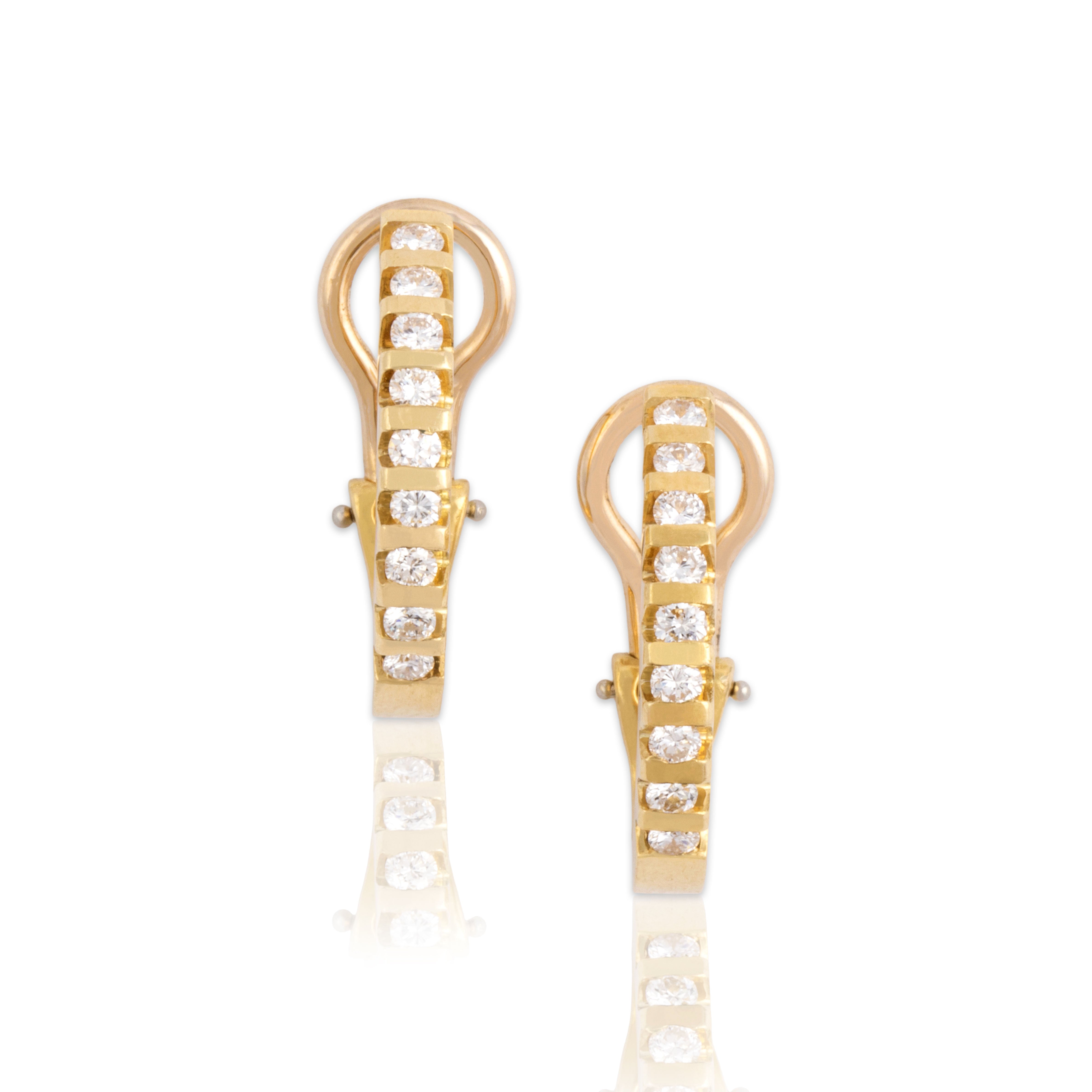 Vintage 18k Yellow Gold Diamond Sparkling Channel Line Omega-Back Hoop Earrings