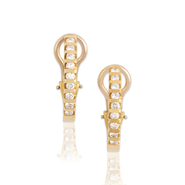 Vintage 18k Yellow Gold Diamond Sparkling Channel Line Omega-Back Hoop Earrings