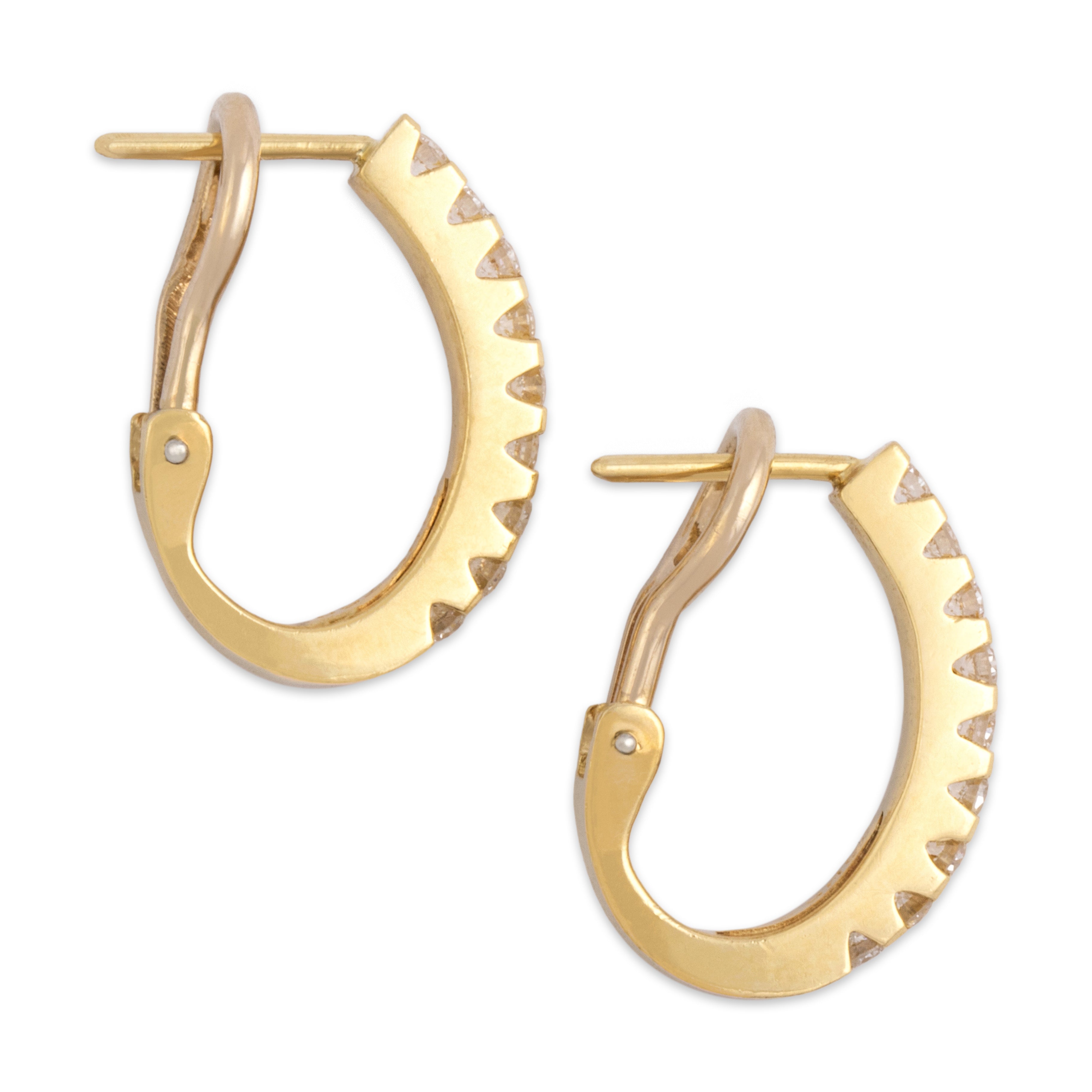 Vintage 18k Yellow Gold Diamond Chic Sparkling Channel Line Omega-Back Hoop Earrings - Side view