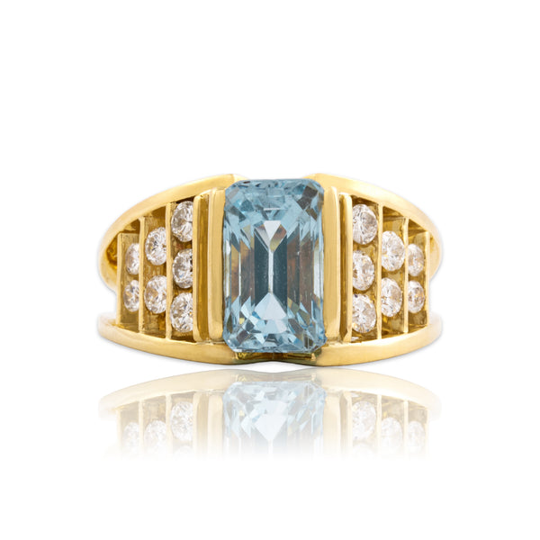 Vintage Heavy 18k Yellow Gold 3.54ct Aquamarine .82cttw Diamond Ring 8.50