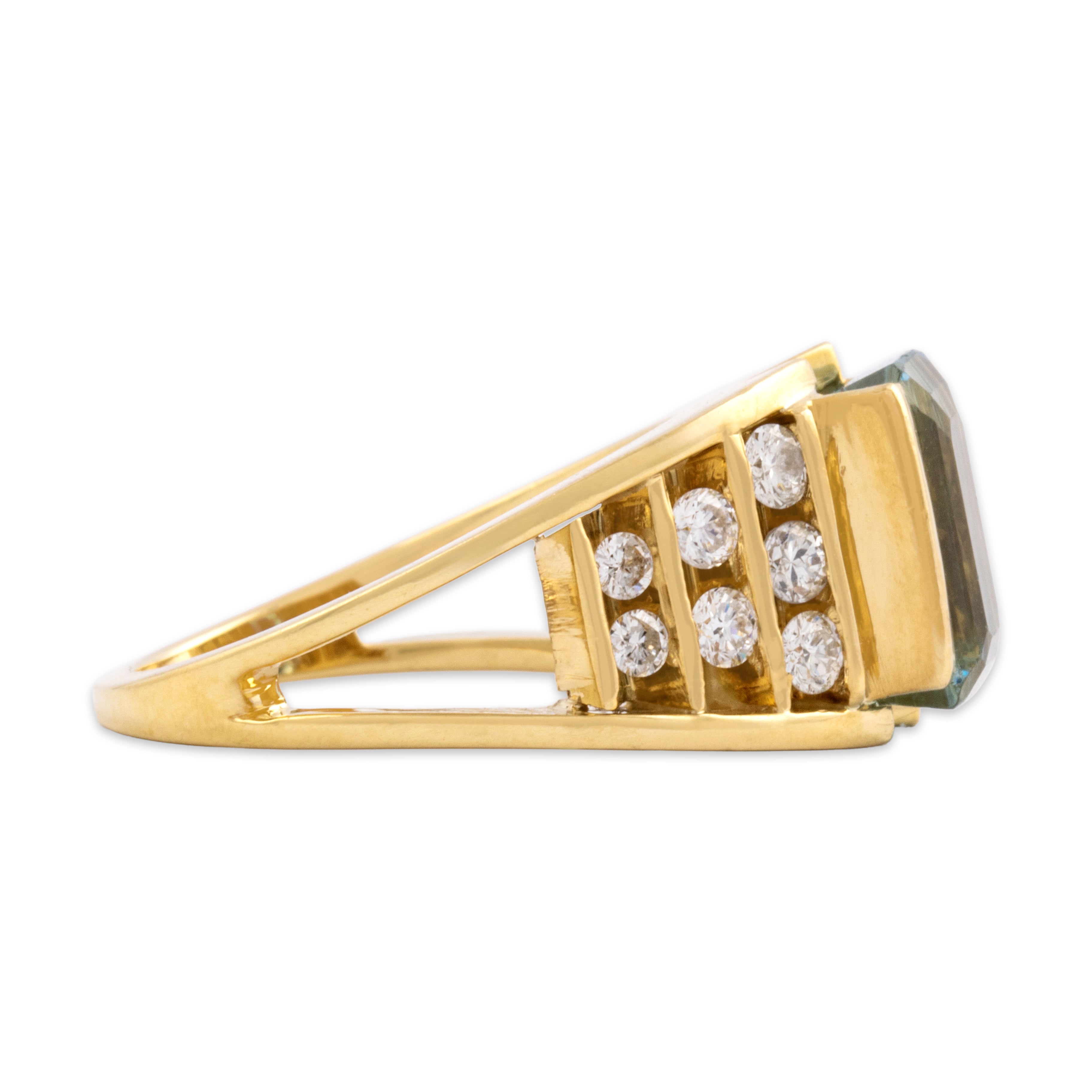 Vintage Heavy 18k Yellow Gold 3.54ct Aquamarine .82cttw Diamond Channel Step Shoulder Ring - Side view