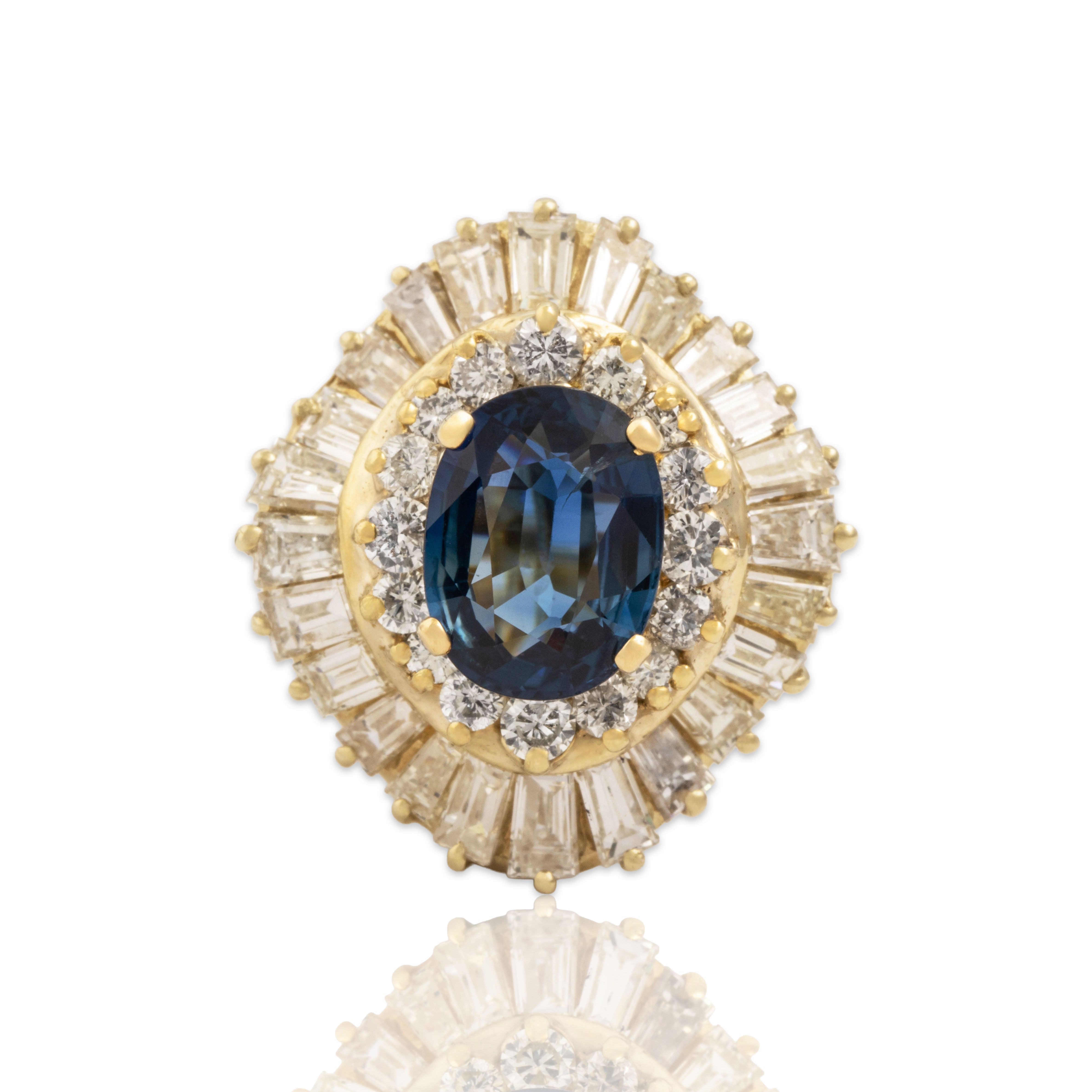 Vintage 14k Yellow Gold 2.54ct Blue Sapphire 2.4cttw Diamond Halo Ring 5.50