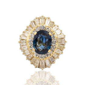 Vintage 14k Yellow Gold 2.54ct Blue Sapphire 2.4cttw Diamond Halo Ring 5.50
