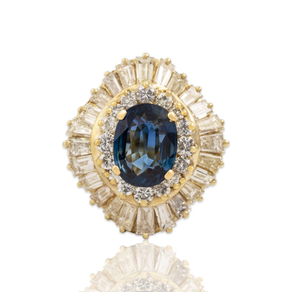 Vintage 14k Yellow Gold 2.54ct Blue Sapphire 2.4cttw Diamond Halo Ring 5.50