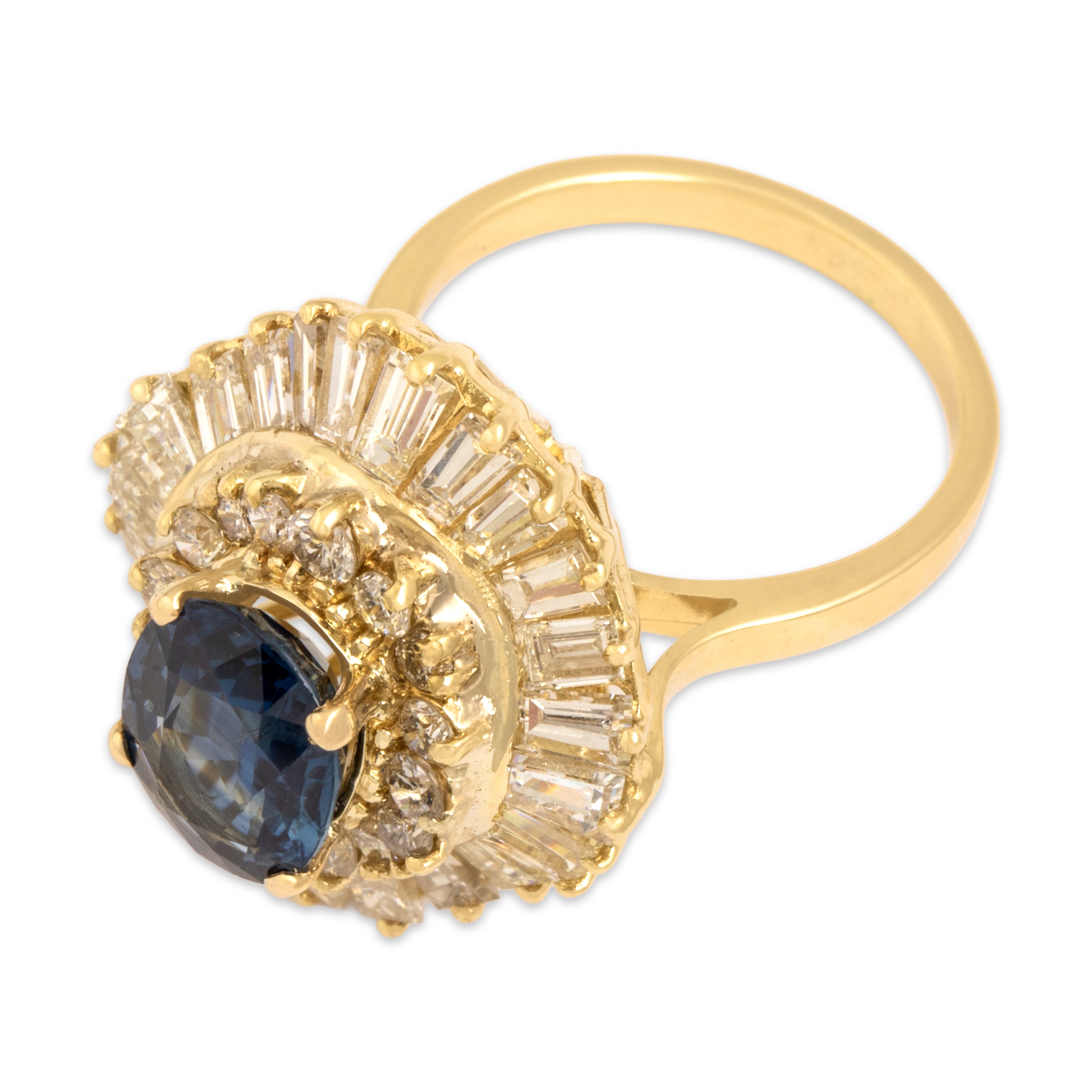 Vintage 14k Yellow Gold 2.54ct Blue Sapphire 2.4cttw Diamond Superb Dazzling Ballerina Halo Cocktail Ring -Overall view