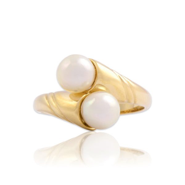 Vintage 14k Yellow Gold Pearl Chic Sweeping Bypass Duo Ring 7.00