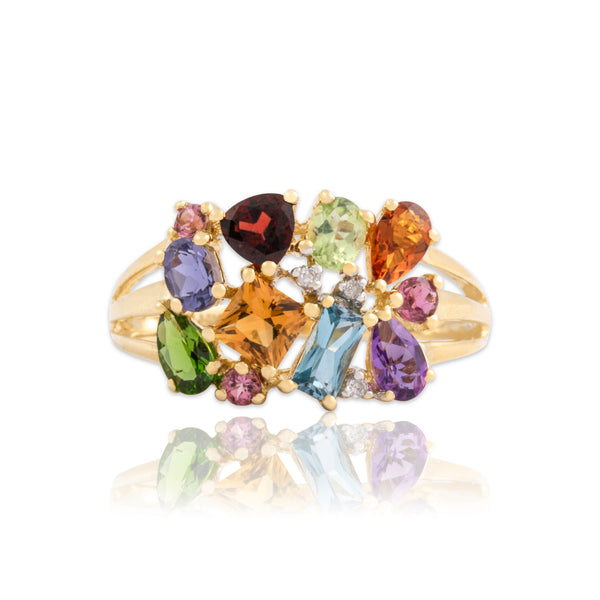 Vintage 14k Yellow Gold Multistone Diamond Asymmetrical Rainbow Cluster Ring 8.00