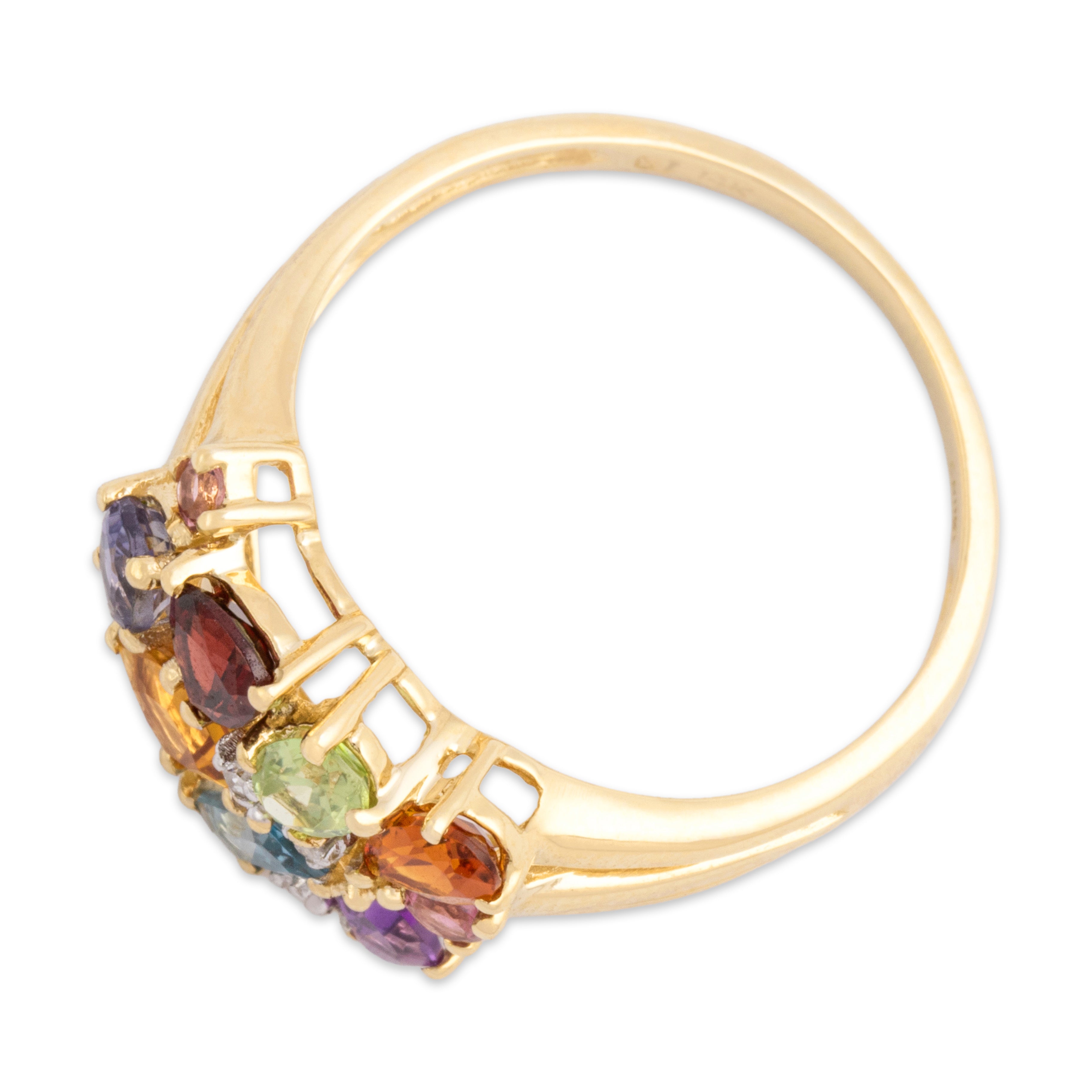 Vintage 14k Yellow Gold Multistone Diamond Asymmetrical Rainbow Cluster Ring 8.00