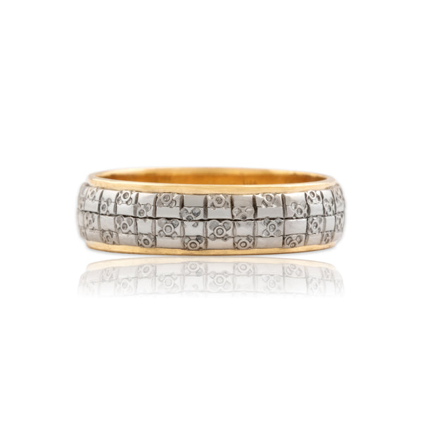 Vintage 14k Yellow Gold & 18k White Gold Geometric Floral Checker Band Ring 5.50