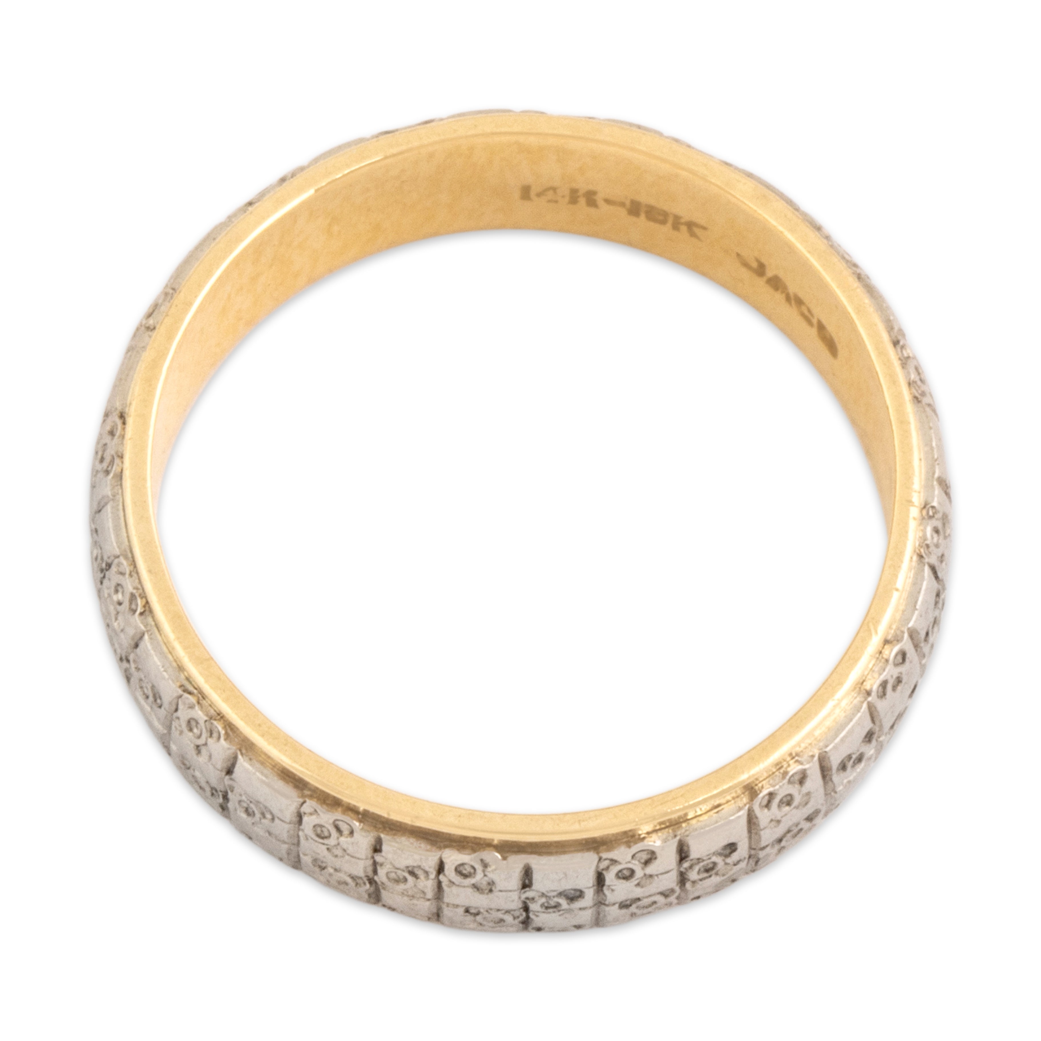 Vintage 14k Yellow Gold & 18k White Gold Geometric Abstract Floral Checker Band Ring - Overall view