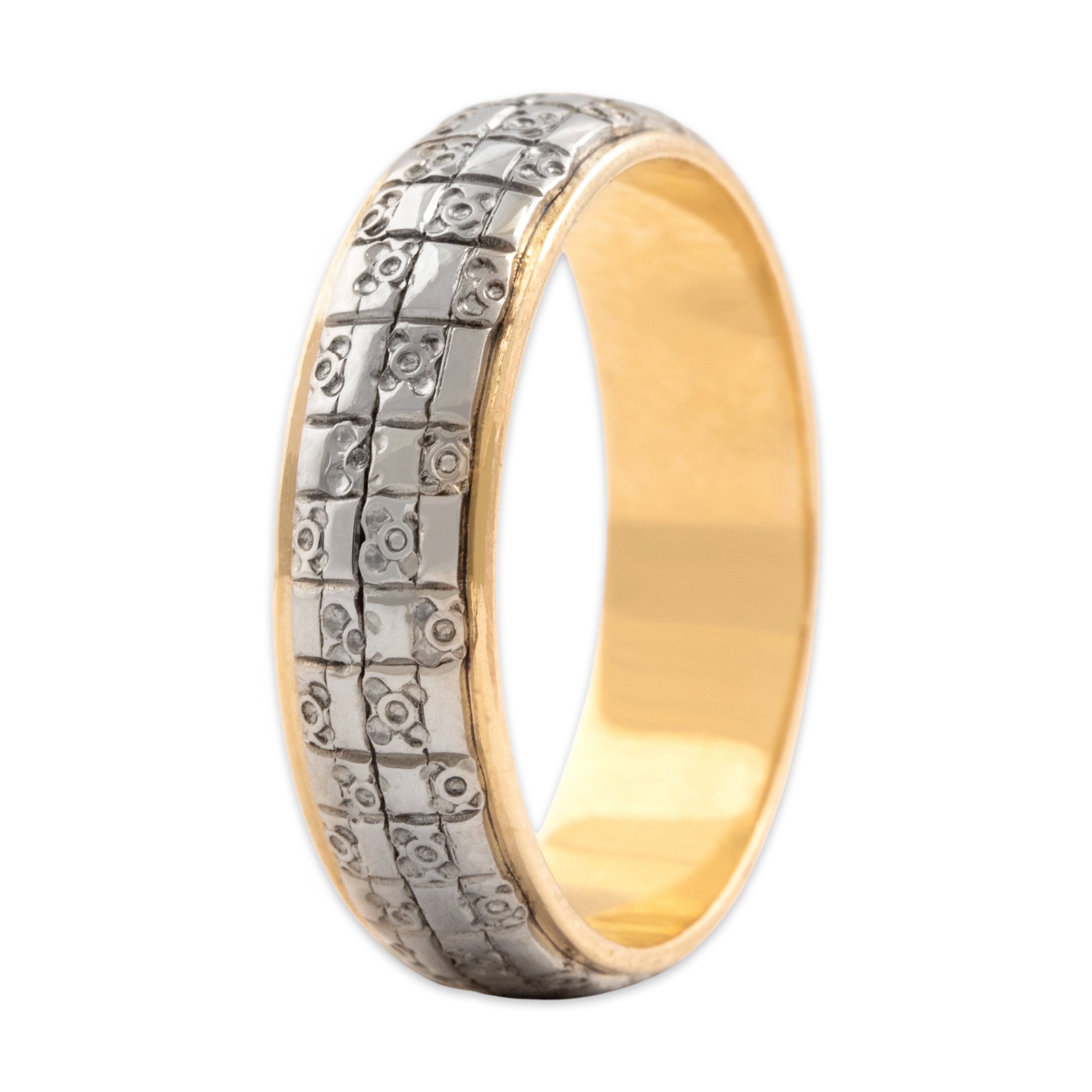 Vintage 14k Yellow Gold & 18k White Gold Geometric Abstract Floral Checker Band Ring - Overall view
