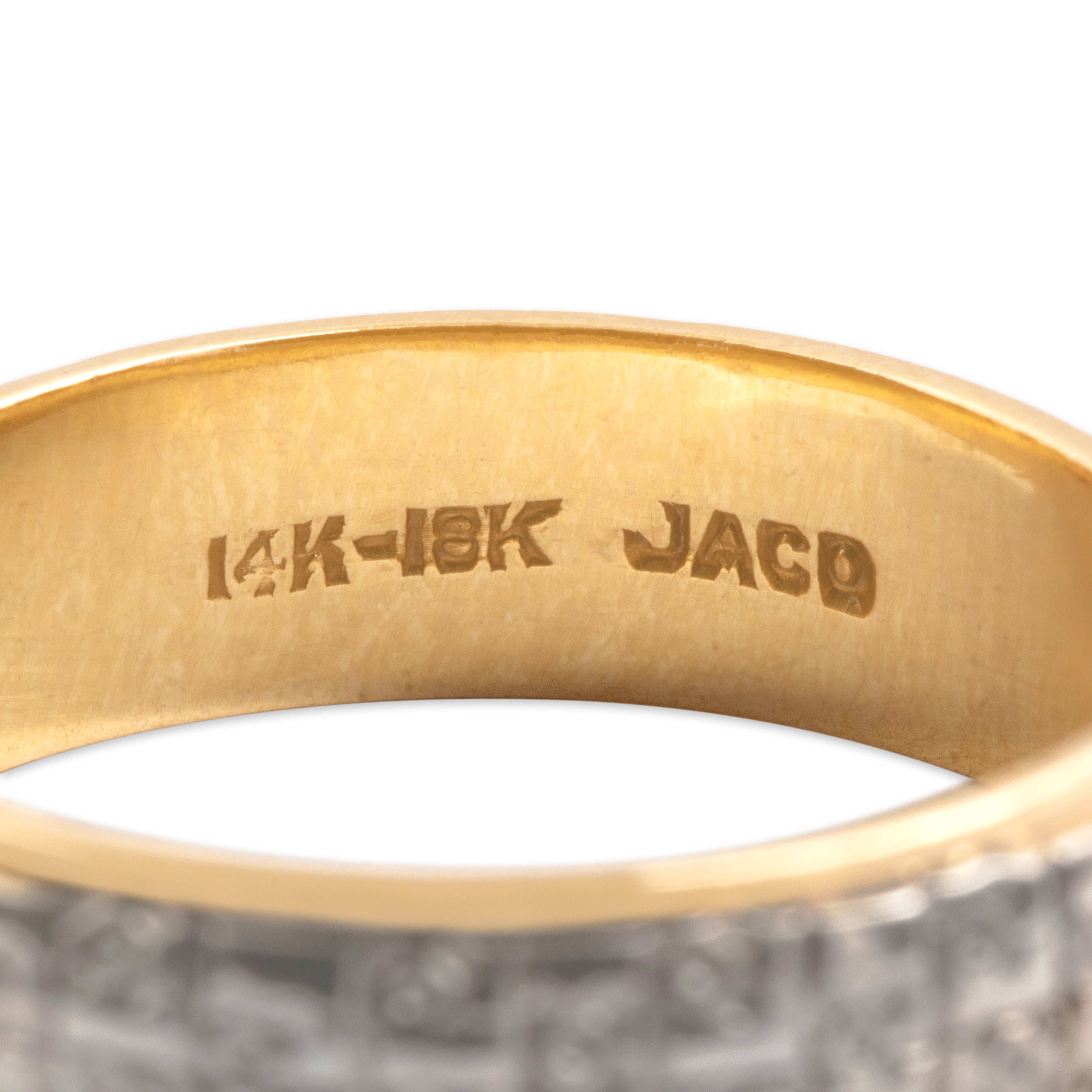 Vintage 14k Yellow Gold & 18k White Gold Geometric Abstract Floral Checker Band Ring - Hallmark view