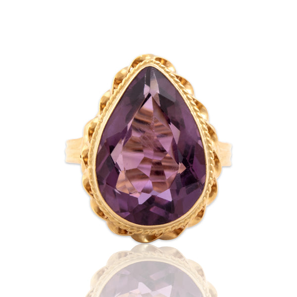 Vintage 14k Yellow Gold 7.31ct Amethyst Twisted Rope Bezel Cocktail Ring 6.75