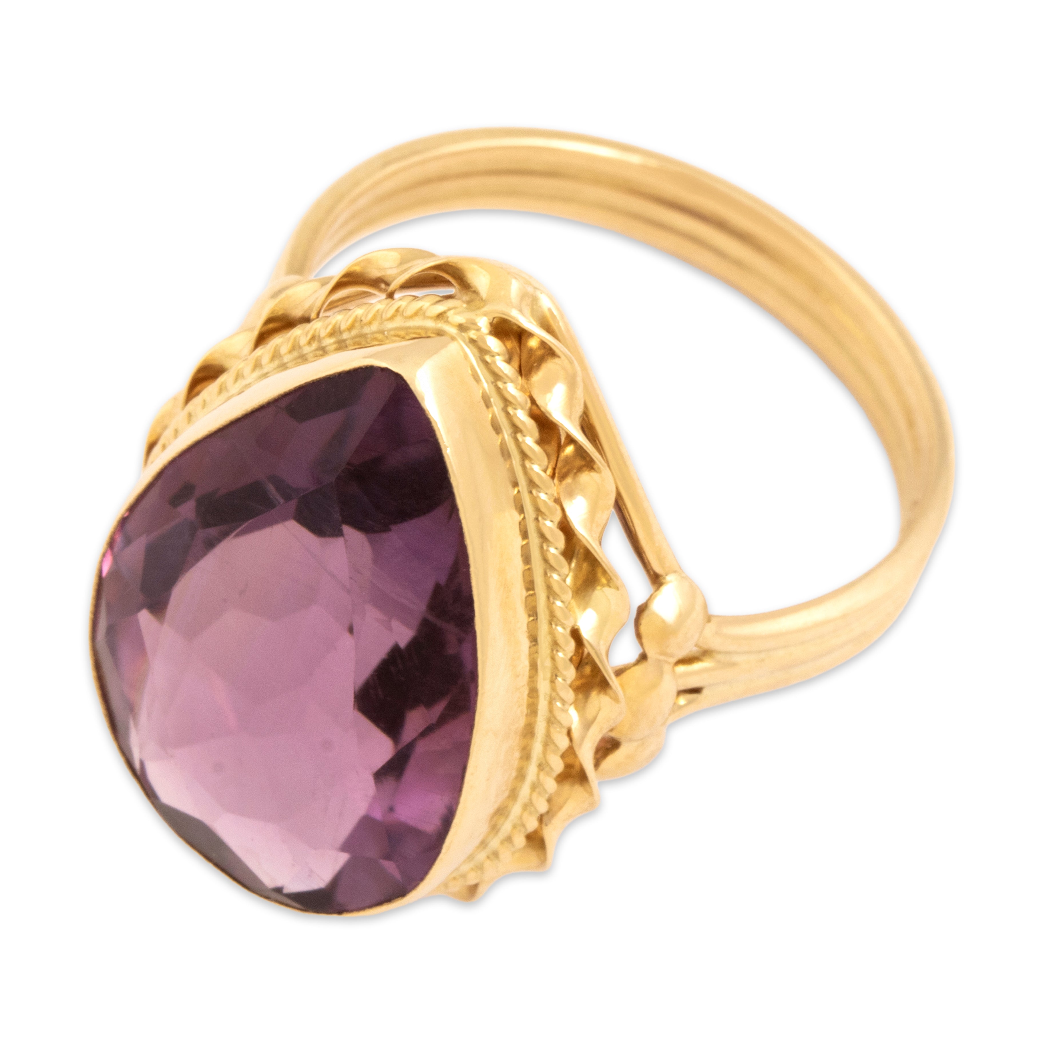 Vintage 14k Yellow Gold 7.31ct Amethyst Regal Twisted Rope Bezel Cocktail Ring - Overall view