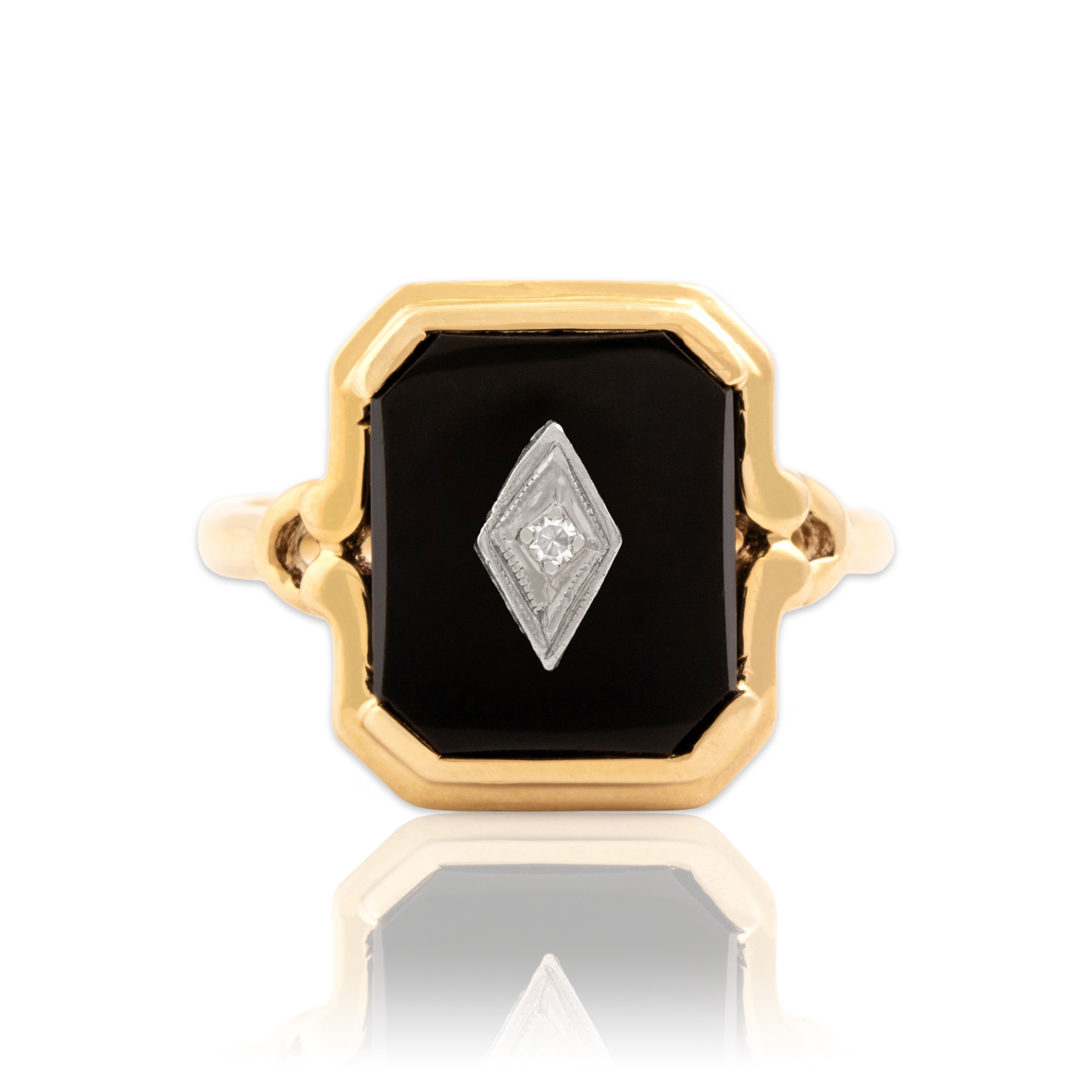 Vintage 10k Yellow & White Gold 1.85ct Onyx Diamond Clutch Bezel Ring 6.25