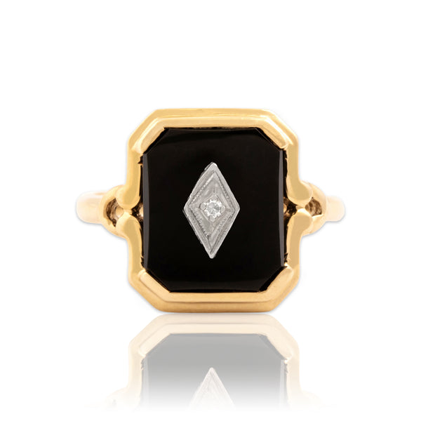 Vintage 10k Yellow & White Gold 1.85ct Onyx Diamond Clutch Bezel Ring 6.25