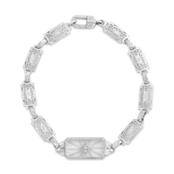 Antique Art Deco 14k White Gold Old Mine Cut Diamond Camphor Glass Bracelet 6.75