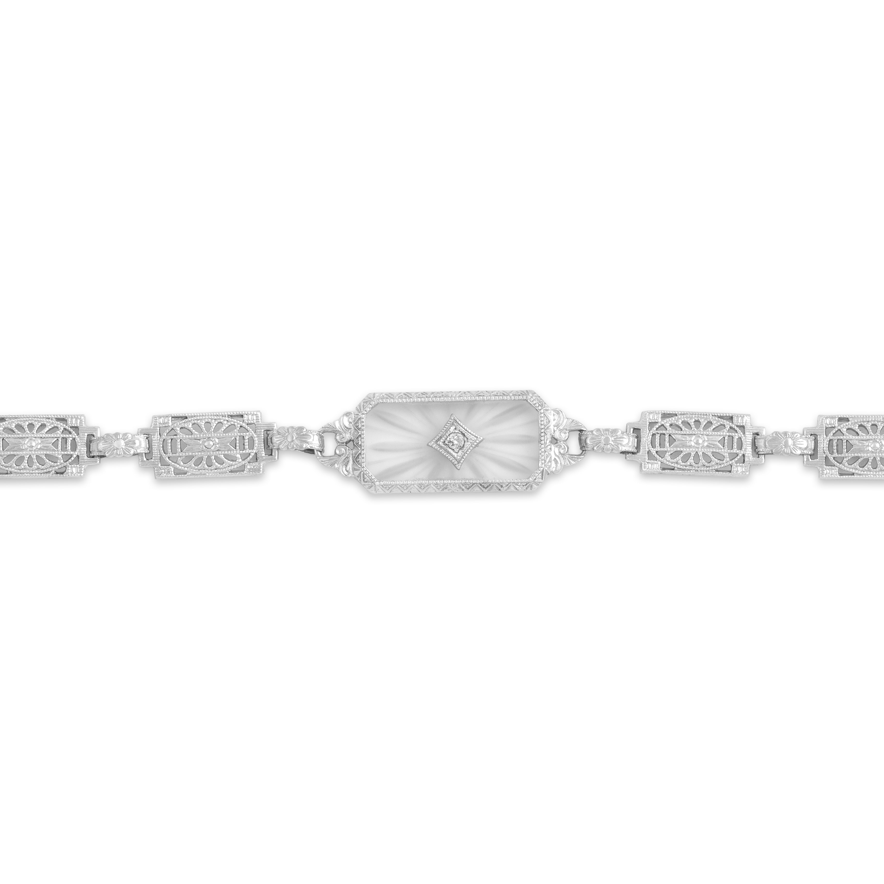 Antique Art Deco 14k White Gold Old Mine Cut Diamond Camphor Glass Incredible Floral Carved Openwork Link Bracelet - detail view #1