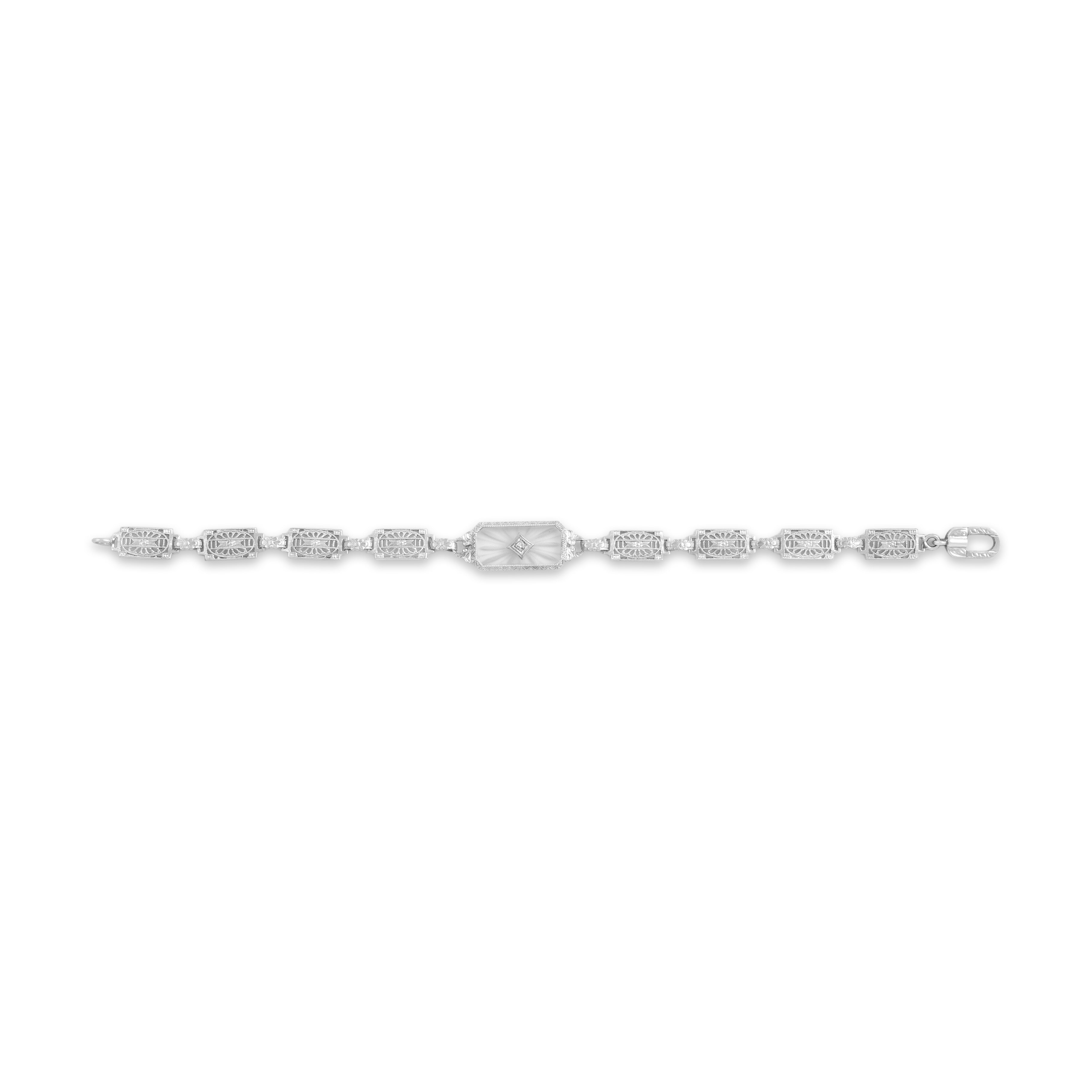 Antique Art Deco 14k White Gold Old Mine Cut Diamond Camphor Glass Incredible Floral Carved Openwork Link Bracelet - Overall view