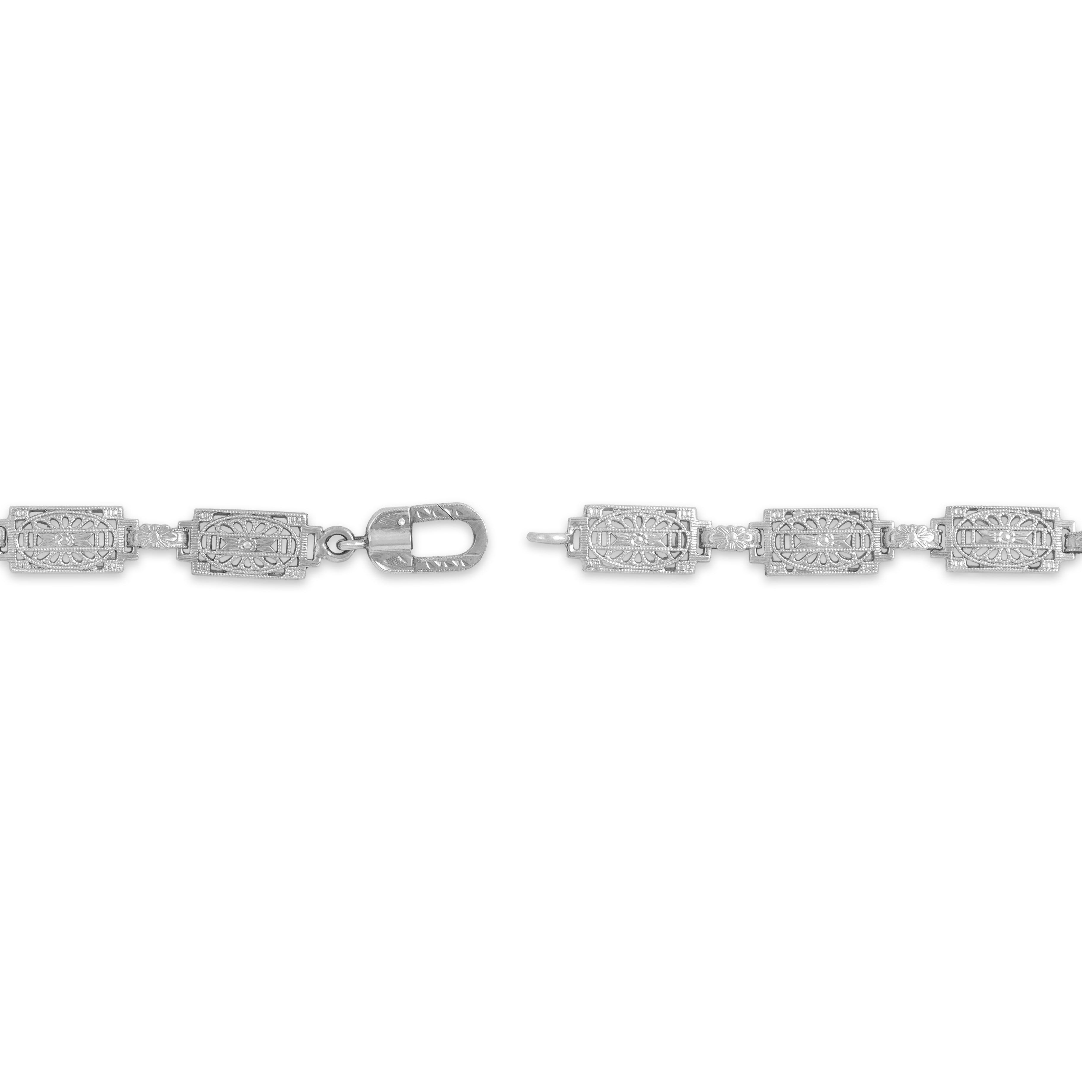 Antique Art Deco 14k White Gold Old Mine Cut Diamond Camphor Glass Incredible Floral Carved Openwork Link Bracelet - clasp view