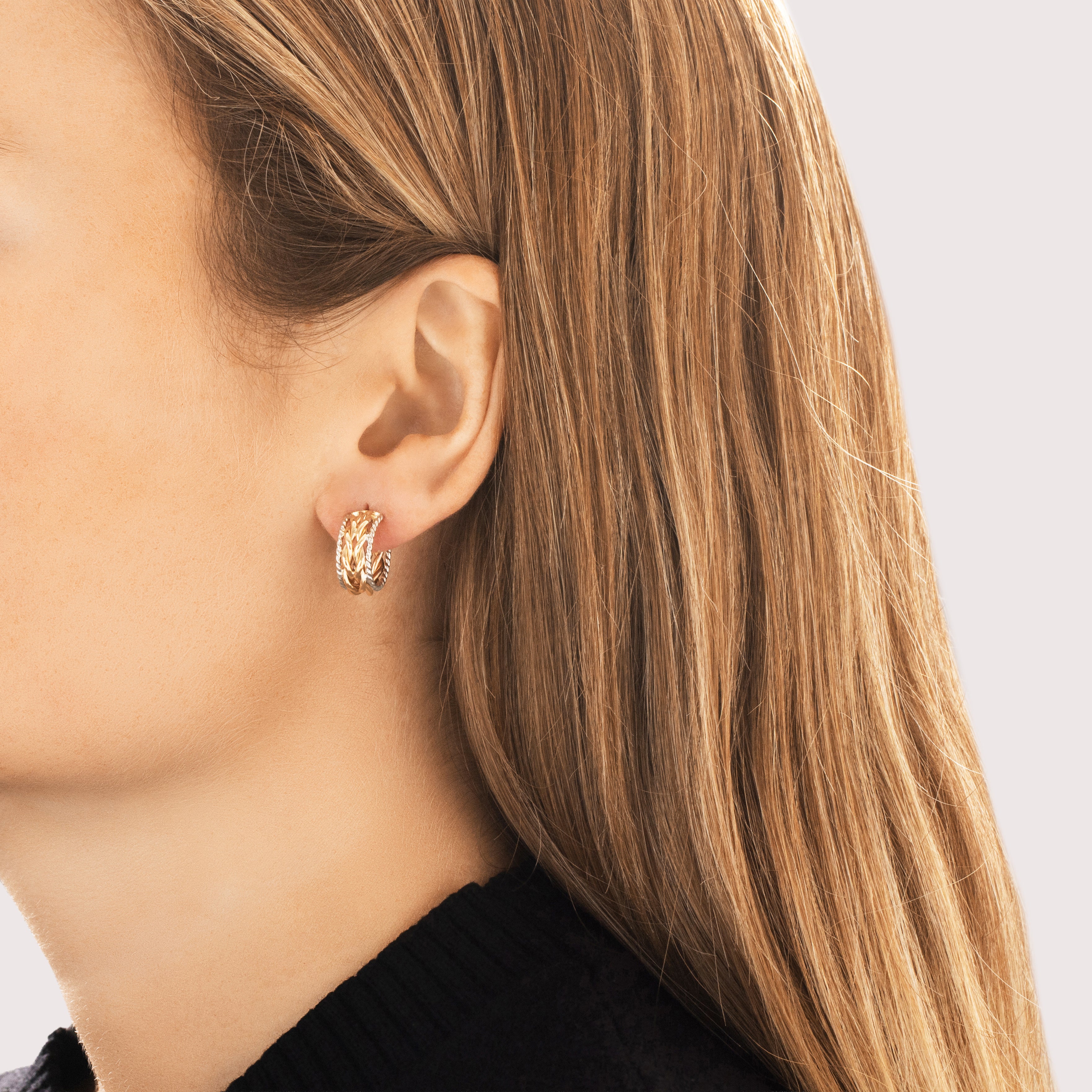 Vintage 14k Yellow & White Gold Two Tone Twisted Rope Border Stud Hoop Earrings - On model view