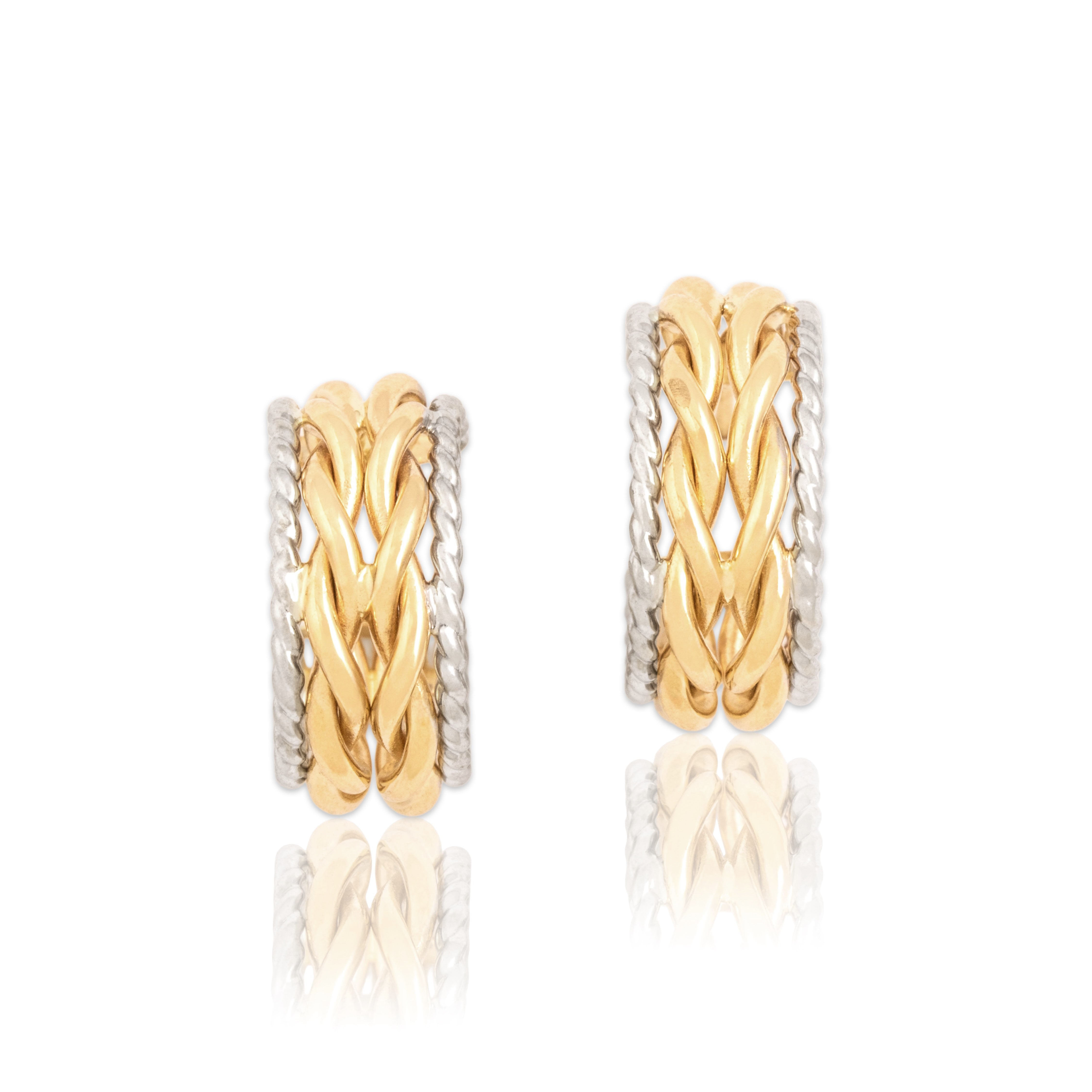 Vintage 14k Yellow & White Gold Two Tone Twisted Rope Border Stud Hoop Earrings