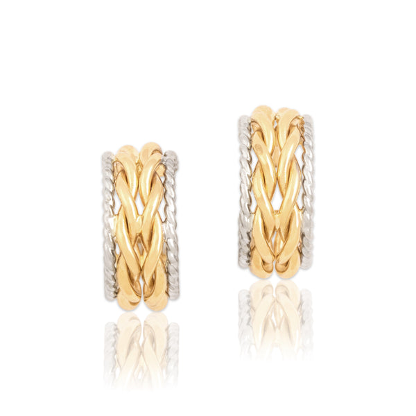 Vintage 14k Yellow & White Gold Two Tone Twisted Rope Border Stud Hoop Earrings