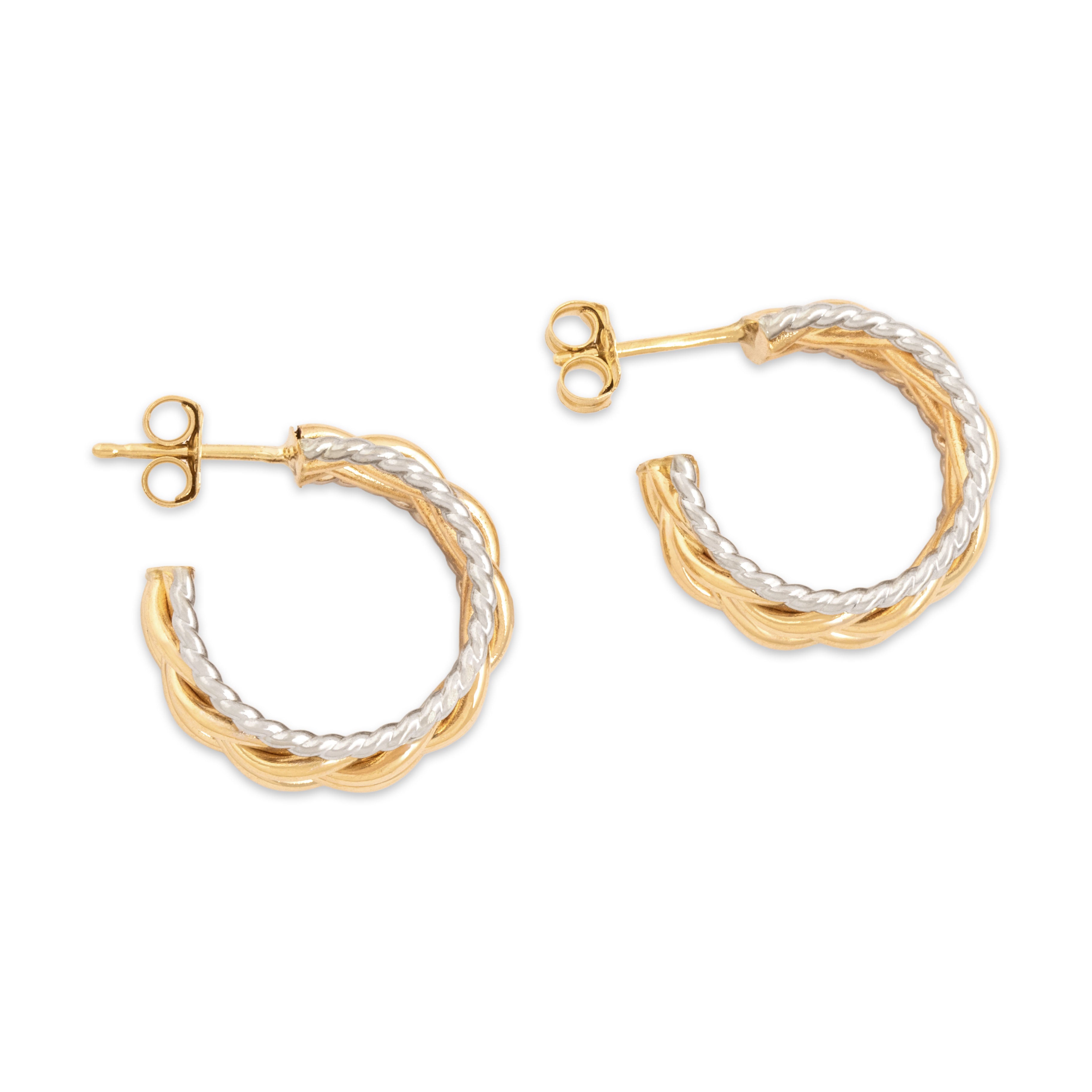 Vintage 14k Yellow & White Gold Two Tone Twisted Rope Border Stud Hoop Earrings