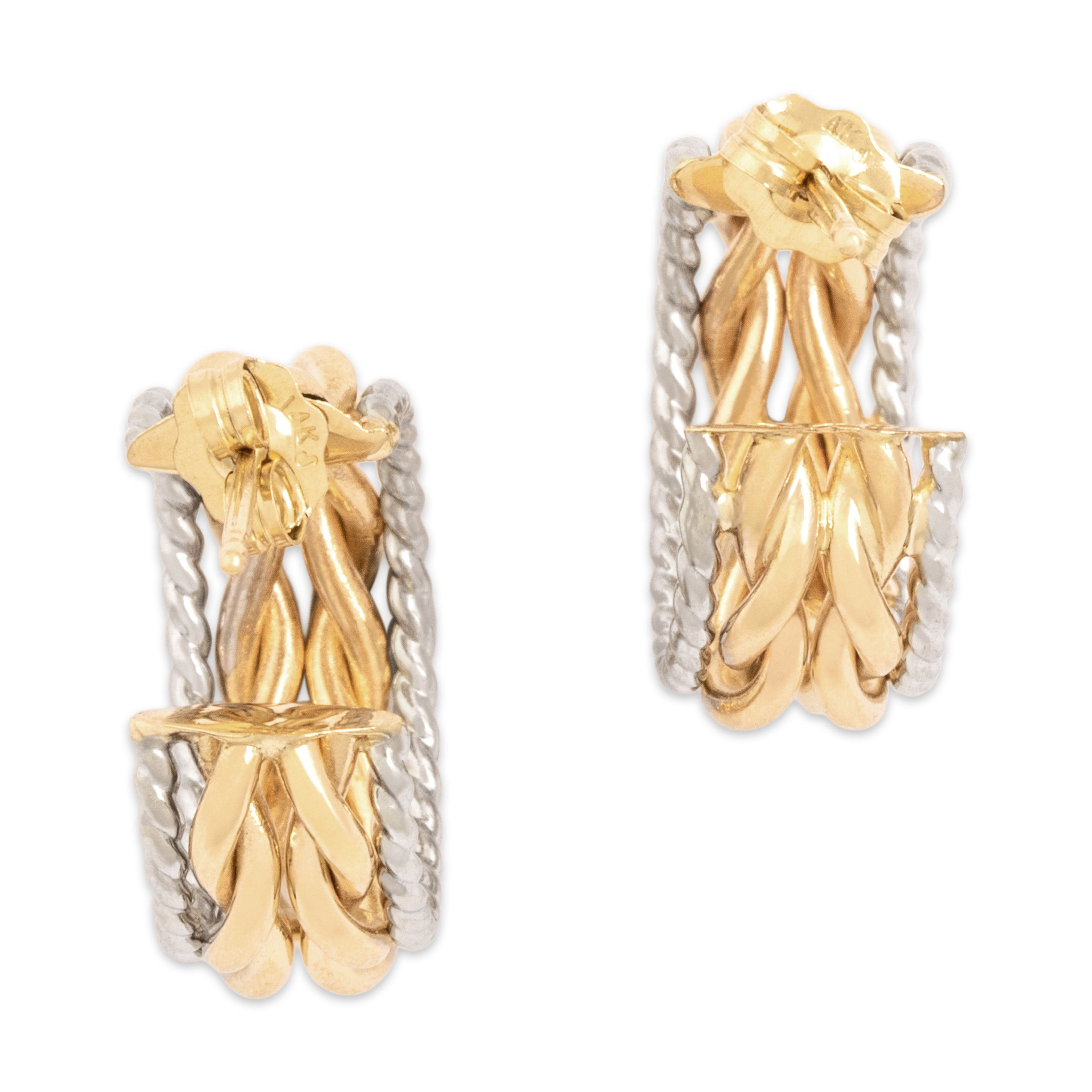 Vintage 14k Yellow & White Gold Two Tone Twisted Rope Border Stud Hoop Earrings