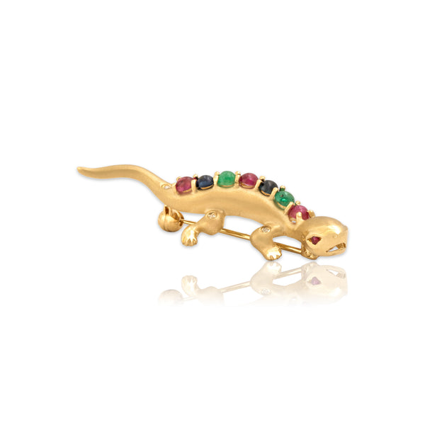 Vintage 14k Yellow Gold Ruby Blue Sapphire Emerald Diamond Colorful Brushed Climbing Gecko Pin / Pendant - Close-up view