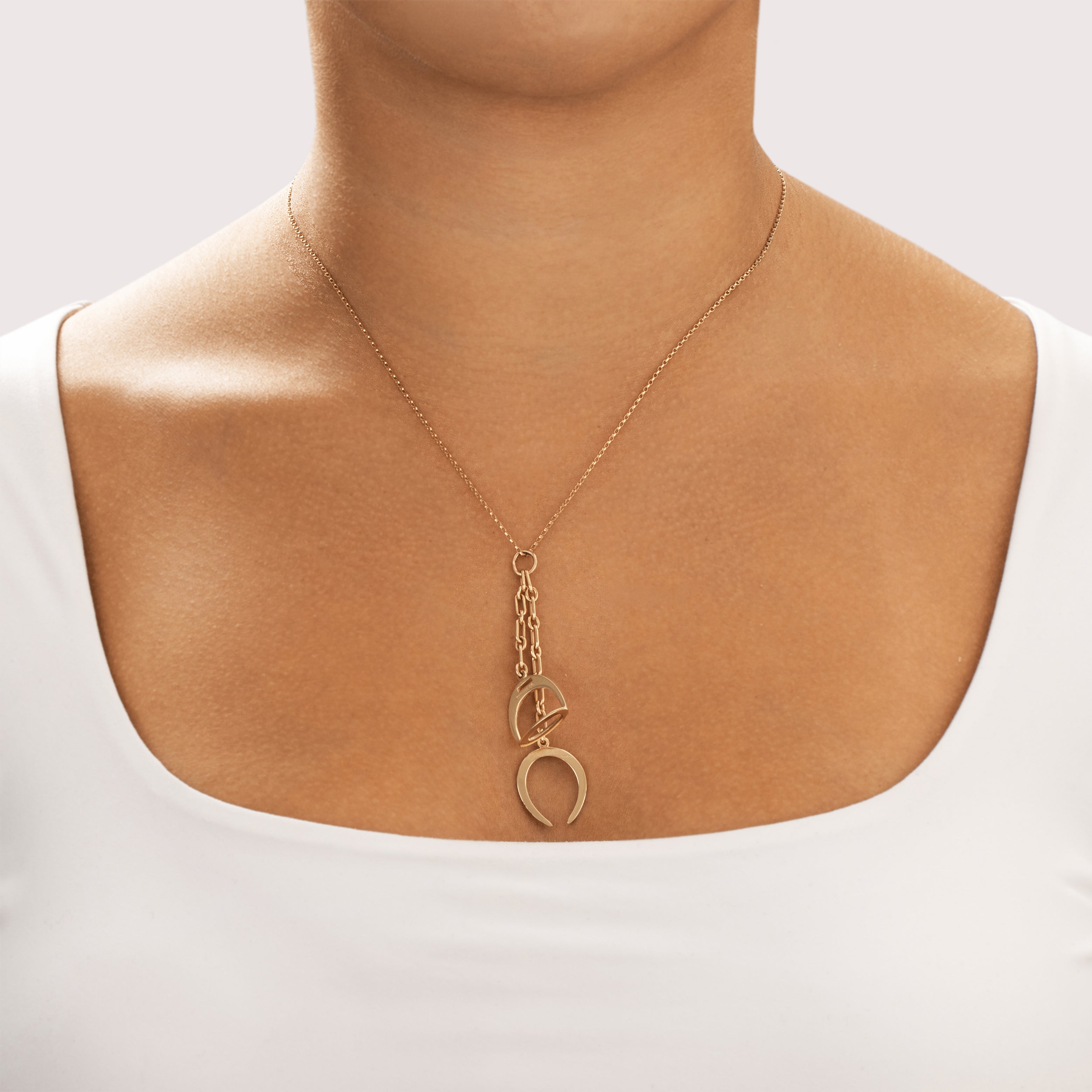Vintage 14k Yellow Gold Equestrian Stirrup Link Dangle Charm / Pendant - On model view
