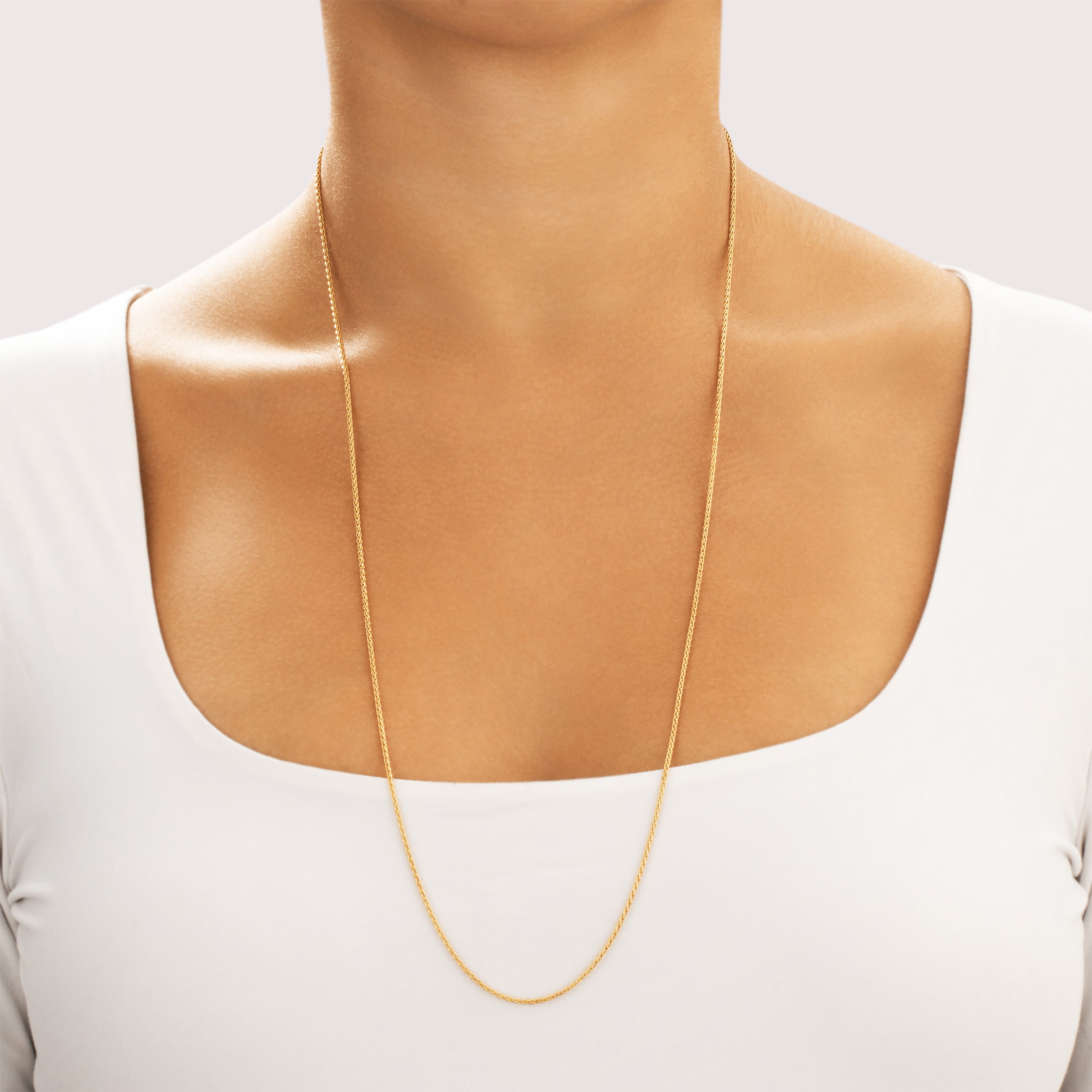 Vintage Italian 14k Yellow Gold 1.5mm Classic Long Wheat Chain - On model view