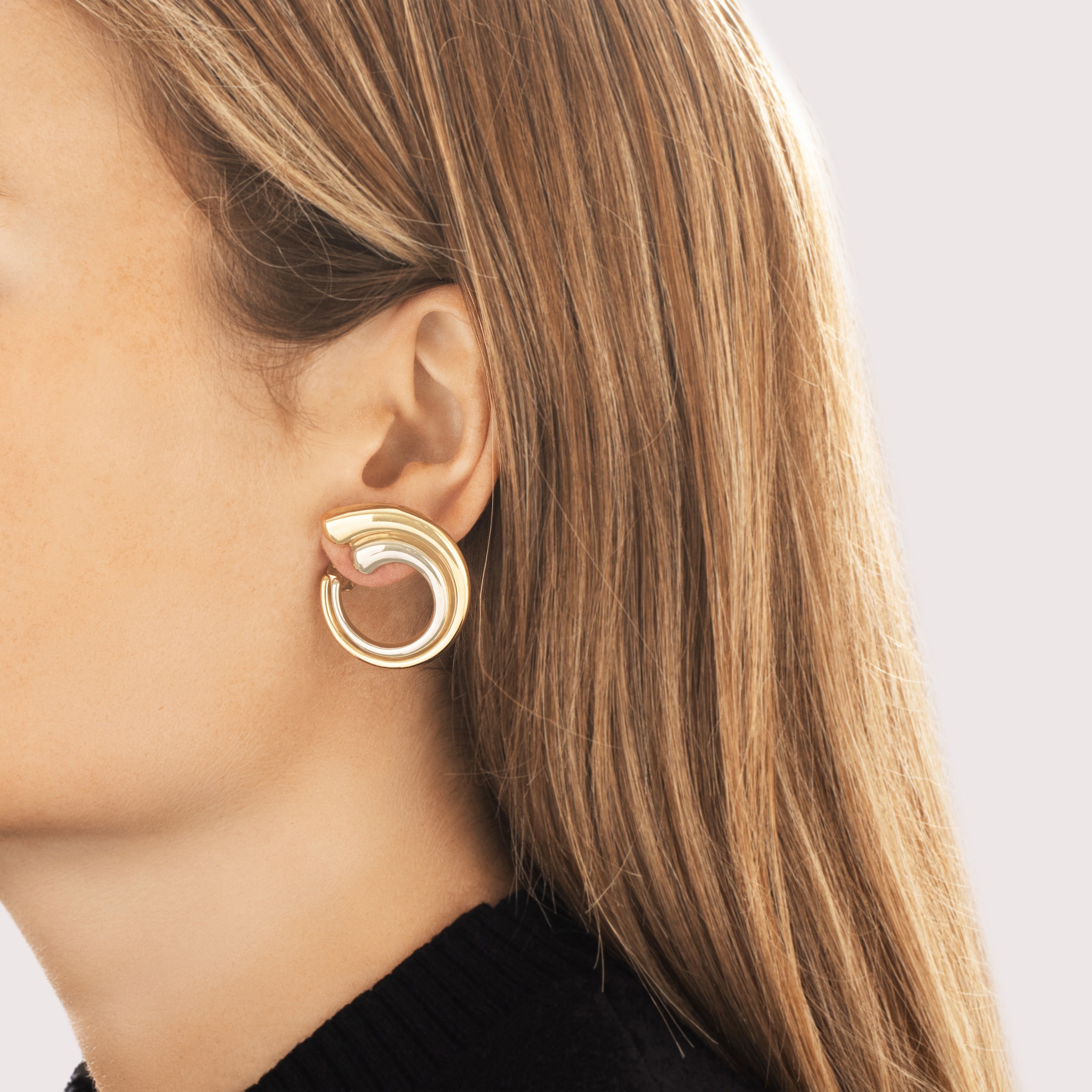 Vintage Italian 14k Yellow & White Gold Chunky Two-Toned Curves Omega-Back Earrings - On model view