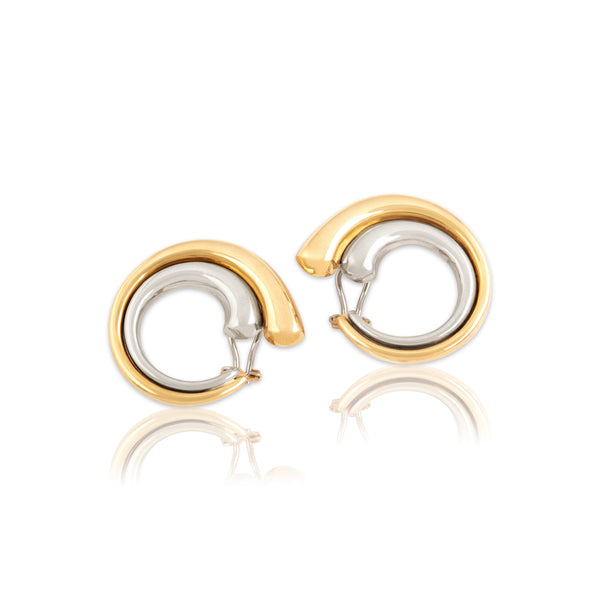 Vintage Italian 14k Yellow & White Gold Two-Toned Curved Omega-Back Earrings
